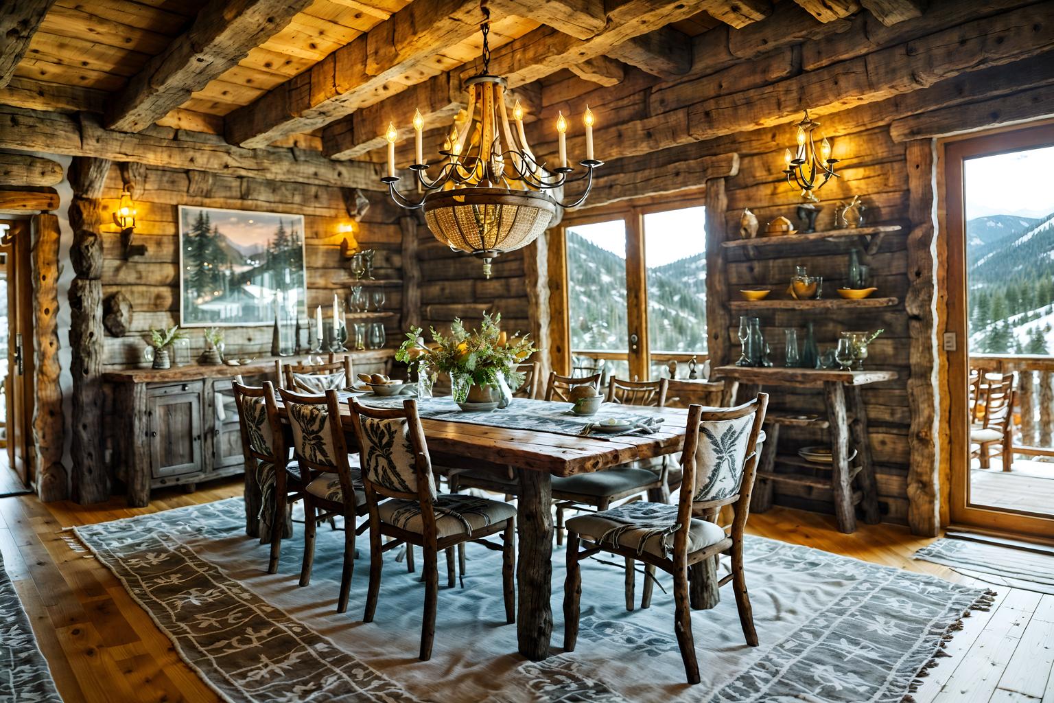 ski chalet-style (dining room interior) with light or chandelier and vase and plates, cutlery and glasses on dining table and painting or photo on wall and table cloth and dining table chairs and plant and bookshelves. . with exposed construction beams and layered textiles and animal motifs and wooden logs and exposed timber and stone fireplace and exposed wood and wood beams. . cinematic photo, highly detailed, cinematic lighting, ultra-detailed, ultrarealistic, photorealism, 8k. ski chalet interior design style. masterpiece, cinematic light, ultrarealistic+, photorealistic+, 8k, raw photo, realistic, sharp focus on eyes, (symmetrical eyes), (intact eyes), hyperrealistic, highest quality, best quality, , highly detailed, masterpiece, best quality, extremely detailed 8k wallpaper, masterpiece, best quality, ultra-detailed, best shadow, detailed background, detailed face, detailed eyes, high contrast, best illumination, detailed face, dulux, caustic, dynamic angle, detailed glow. dramatic lighting. highly detailed, insanely detailed hair, symmetrical, intricate details, professionally retouched, 8k high definition. strong bokeh. award winning photo.