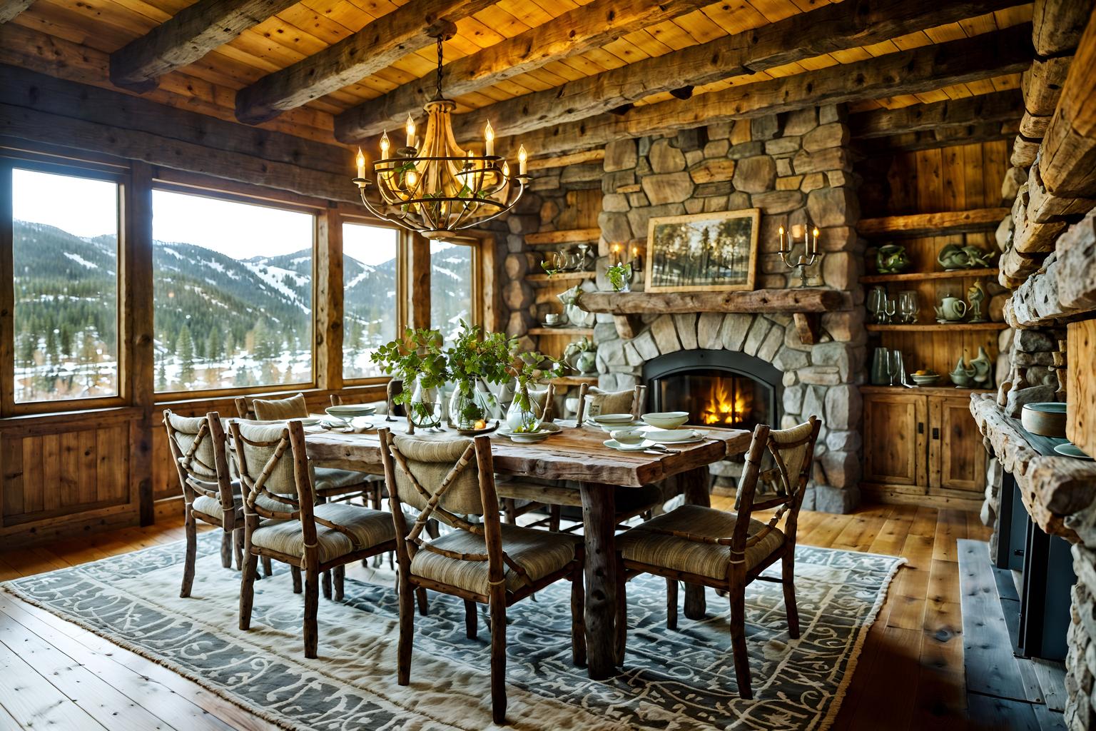 ski chalet-style (dining room interior) with light or chandelier and vase and plates, cutlery and glasses on dining table and painting or photo on wall and table cloth and dining table chairs and plant and bookshelves. . with exposed construction beams and layered textiles and animal motifs and wooden logs and exposed timber and stone fireplace and exposed wood and wood beams. . cinematic photo, highly detailed, cinematic lighting, ultra-detailed, ultrarealistic, photorealism, 8k. ski chalet interior design style. masterpiece, cinematic light, ultrarealistic+, photorealistic+, 8k, raw photo, realistic, sharp focus on eyes, (symmetrical eyes), (intact eyes), hyperrealistic, highest quality, best quality, , highly detailed, masterpiece, best quality, extremely detailed 8k wallpaper, masterpiece, best quality, ultra-detailed, best shadow, detailed background, detailed face, detailed eyes, high contrast, best illumination, detailed face, dulux, caustic, dynamic angle, detailed glow. dramatic lighting. highly detailed, insanely detailed hair, symmetrical, intricate details, professionally retouched, 8k high definition. strong bokeh. award winning photo.