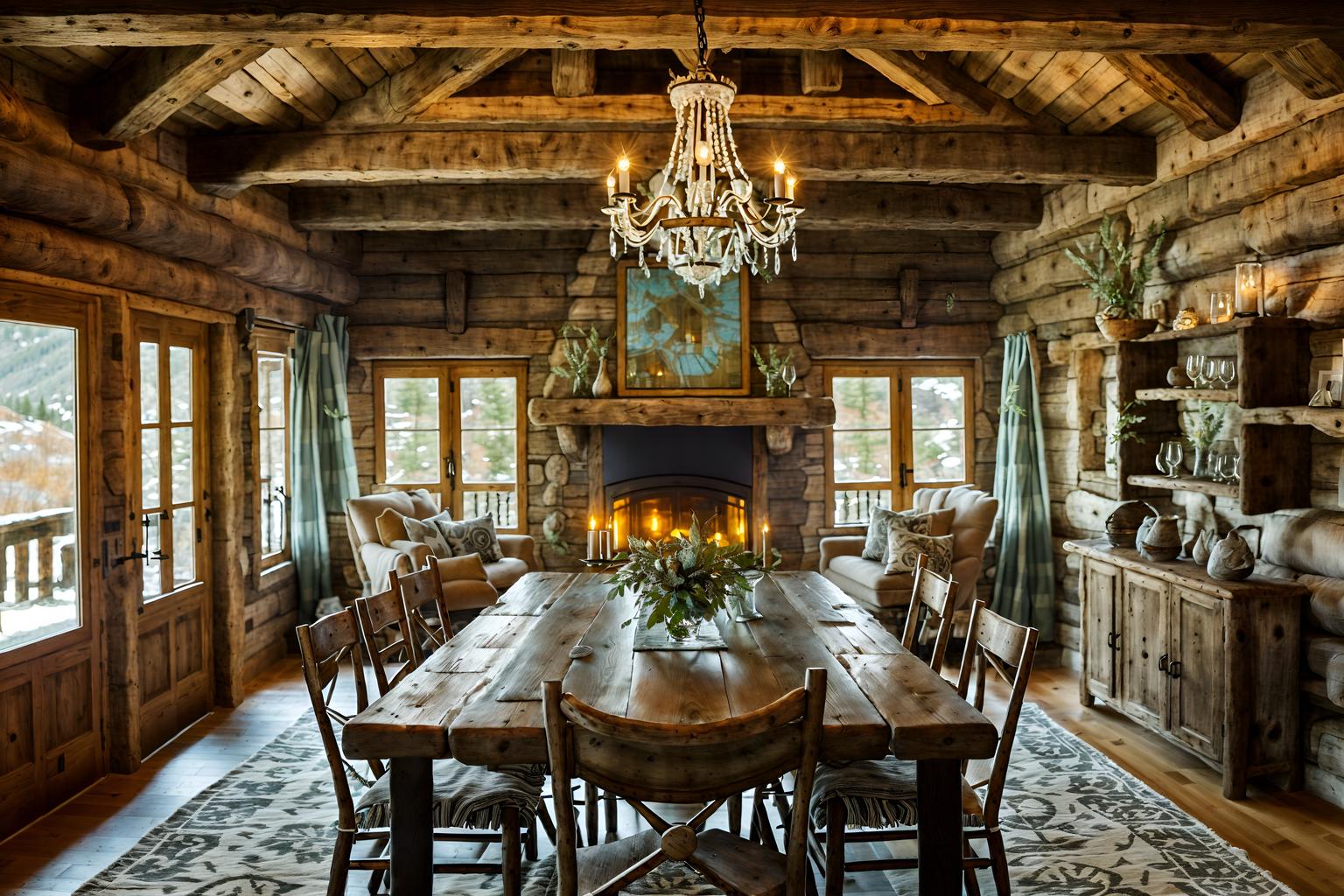 ski chalet-style (dining room interior) with light or chandelier and vase and plates, cutlery and glasses on dining table and painting or photo on wall and table cloth and dining table chairs and plant and bookshelves. . with exposed construction beams and layered textiles and animal motifs and wooden logs and exposed timber and stone fireplace and exposed wood and wood beams. . cinematic photo, highly detailed, cinematic lighting, ultra-detailed, ultrarealistic, photorealism, 8k. ski chalet interior design style. masterpiece, cinematic light, ultrarealistic+, photorealistic+, 8k, raw photo, realistic, sharp focus on eyes, (symmetrical eyes), (intact eyes), hyperrealistic, highest quality, best quality, , highly detailed, masterpiece, best quality, extremely detailed 8k wallpaper, masterpiece, best quality, ultra-detailed, best shadow, detailed background, detailed face, detailed eyes, high contrast, best illumination, detailed face, dulux, caustic, dynamic angle, detailed glow. dramatic lighting. highly detailed, insanely detailed hair, symmetrical, intricate details, professionally retouched, 8k high definition. strong bokeh. award winning photo.