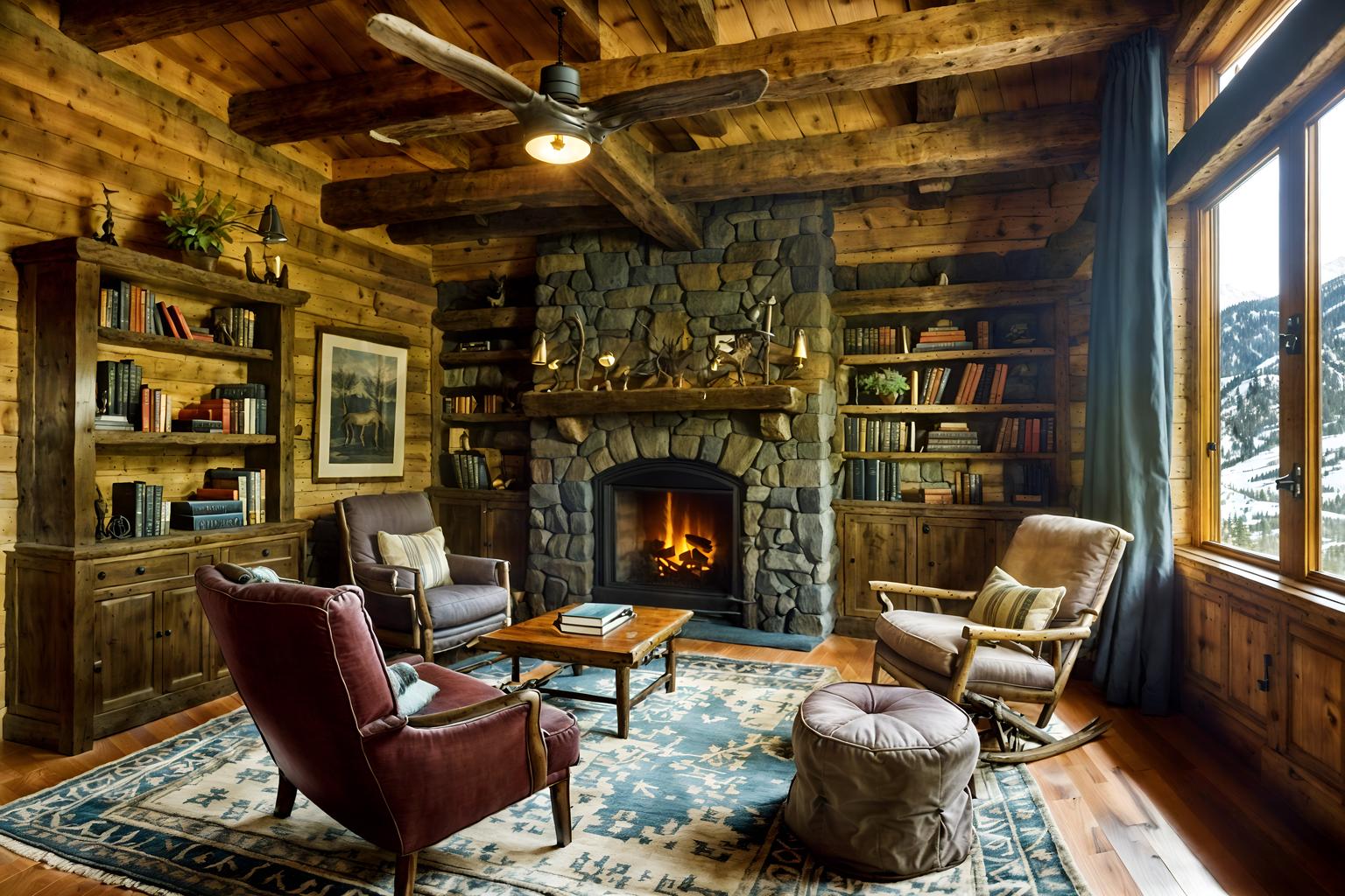 ski chalet-style (study room interior) with bookshelves and desk lamp and lounge chair and office chair and writing desk and plant and cabinets and bookshelves. . with stone fireplace and wooden walls and hanging wall elk antler and exposed wood and layered textiles and exposed construction beams and animal rugs and nature-inspired. . cinematic photo, highly detailed, cinematic lighting, ultra-detailed, ultrarealistic, photorealism, 8k. ski chalet interior design style. masterpiece, cinematic light, ultrarealistic+, photorealistic+, 8k, raw photo, realistic, sharp focus on eyes, (symmetrical eyes), (intact eyes), hyperrealistic, highest quality, best quality, , highly detailed, masterpiece, best quality, extremely detailed 8k wallpaper, masterpiece, best quality, ultra-detailed, best shadow, detailed background, detailed face, detailed eyes, high contrast, best illumination, detailed face, dulux, caustic, dynamic angle, detailed glow. dramatic lighting. highly detailed, insanely detailed hair, symmetrical, intricate details, professionally retouched, 8k high definition. strong bokeh. award winning photo.