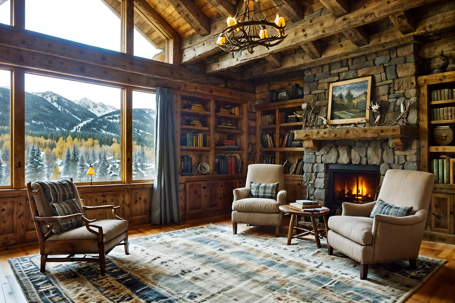 ski chalet-style (study room interior) with bookshelves and desk lamp and lounge chair and office chair and writing desk and plant and cabinets and bookshelves. . with stone fireplace and wooden walls and hanging wall elk antler and exposed wood and layered textiles and exposed construction beams and animal rugs and nature-inspired. . cinematic photo, highly detailed, cinematic lighting, ultra-detailed, ultrarealistic, photorealism, 8k. ski chalet interior design style. masterpiece, cinematic light, ultrarealistic+, photorealistic+, 8k, raw photo, realistic, sharp focus on eyes, (symmetrical eyes), (intact eyes), hyperrealistic, highest quality, best quality, , highly detailed, masterpiece, best quality, extremely detailed 8k wallpaper, masterpiece, best quality, ultra-detailed, best shadow, detailed background, detailed face, detailed eyes, high contrast, best illumination, detailed face, dulux, caustic, dynamic angle, detailed glow. dramatic lighting. highly detailed, insanely detailed hair, symmetrical, intricate details, professionally retouched, 8k high definition. strong bokeh. award winning photo.