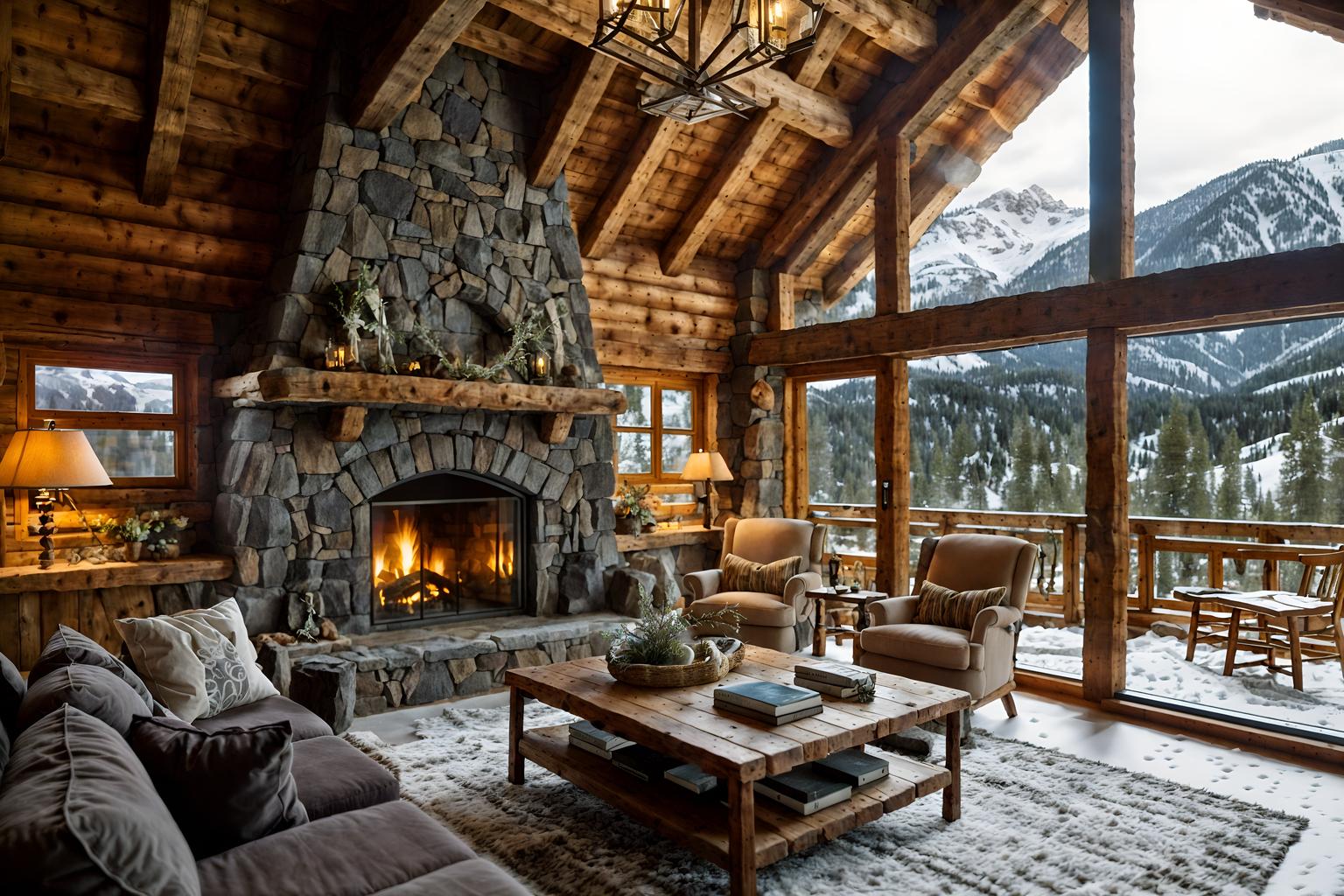 ski chalet-style (clothing store interior) . with nature-inspired and exposed construction beams and window with mountain views and stone fireplace and layered textiles and exposed wood and stone fireplace and animal motifs. . cinematic photo, highly detailed, cinematic lighting, ultra-detailed, ultrarealistic, photorealism, 8k. ski chalet interior design style. masterpiece, cinematic light, ultrarealistic+, photorealistic+, 8k, raw photo, realistic, sharp focus on eyes, (symmetrical eyes), (intact eyes), hyperrealistic, highest quality, best quality, , highly detailed, masterpiece, best quality, extremely detailed 8k wallpaper, masterpiece, best quality, ultra-detailed, best shadow, detailed background, detailed face, detailed eyes, high contrast, best illumination, detailed face, dulux, caustic, dynamic angle, detailed glow. dramatic lighting. highly detailed, insanely detailed hair, symmetrical, intricate details, professionally retouched, 8k high definition. strong bokeh. award winning photo.