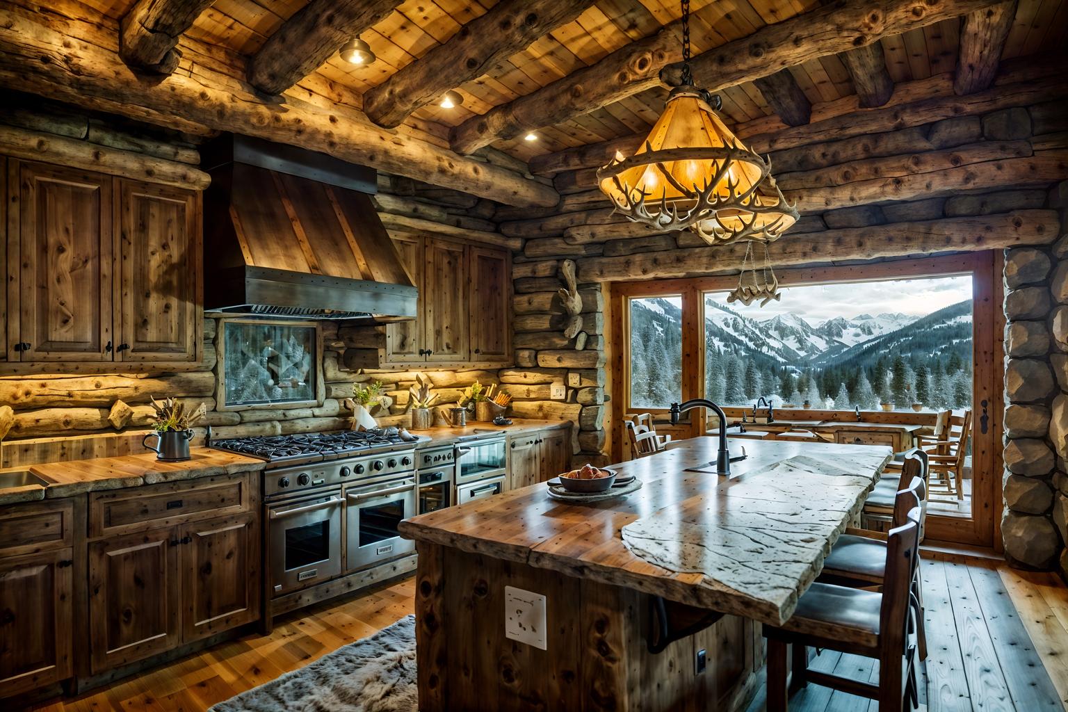 ski chalet-style (kitchen interior) with sink and kitchen cabinets and plant and stove and refrigerator and worktops and sink. . with animal furs and stone fireplace and stone fireplace and window with mountain views and exposed timber and wood beams and wooden logs and hanging wall elk antler. . cinematic photo, highly detailed, cinematic lighting, ultra-detailed, ultrarealistic, photorealism, 8k. ski chalet interior design style. masterpiece, cinematic light, ultrarealistic+, photorealistic+, 8k, raw photo, realistic, sharp focus on eyes, (symmetrical eyes), (intact eyes), hyperrealistic, highest quality, best quality, , highly detailed, masterpiece, best quality, extremely detailed 8k wallpaper, masterpiece, best quality, ultra-detailed, best shadow, detailed background, detailed face, detailed eyes, high contrast, best illumination, detailed face, dulux, caustic, dynamic angle, detailed glow. dramatic lighting. highly detailed, insanely detailed hair, symmetrical, intricate details, professionally retouched, 8k high definition. strong bokeh. award winning photo.