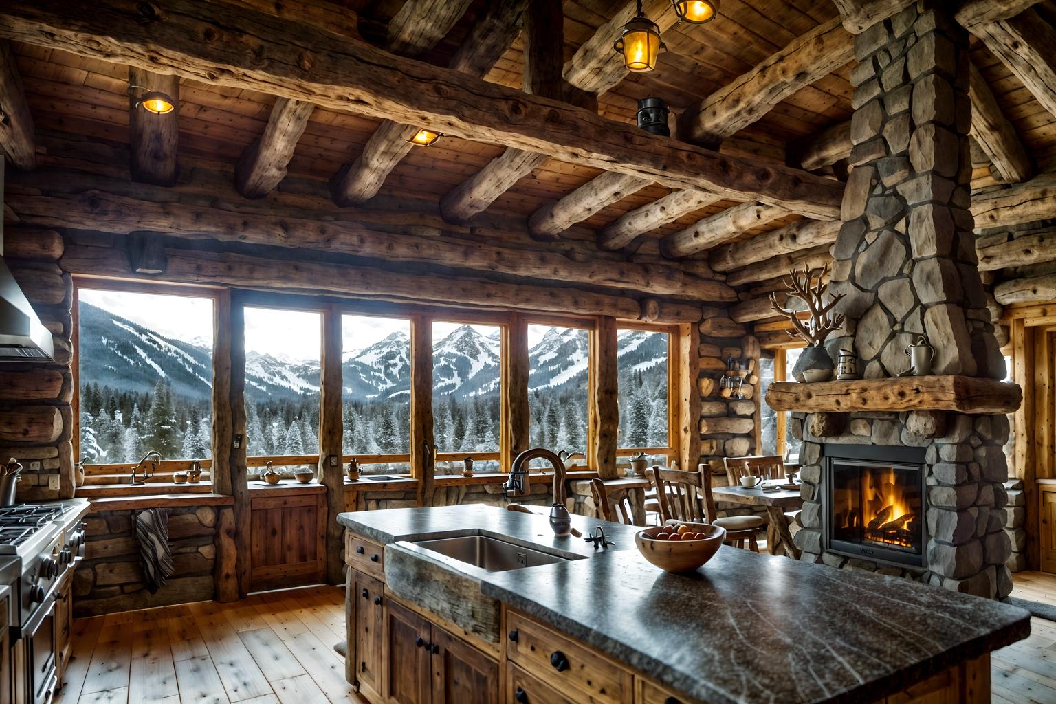 ski chalet-style (kitchen interior) with sink and kitchen cabinets and plant and stove and refrigerator and worktops and sink. . with animal furs and stone fireplace and stone fireplace and window with mountain views and exposed timber and wood beams and wooden logs and hanging wall elk antler. . cinematic photo, highly detailed, cinematic lighting, ultra-detailed, ultrarealistic, photorealism, 8k. ski chalet interior design style. masterpiece, cinematic light, ultrarealistic+, photorealistic+, 8k, raw photo, realistic, sharp focus on eyes, (symmetrical eyes), (intact eyes), hyperrealistic, highest quality, best quality, , highly detailed, masterpiece, best quality, extremely detailed 8k wallpaper, masterpiece, best quality, ultra-detailed, best shadow, detailed background, detailed face, detailed eyes, high contrast, best illumination, detailed face, dulux, caustic, dynamic angle, detailed glow. dramatic lighting. highly detailed, insanely detailed hair, symmetrical, intricate details, professionally retouched, 8k high definition. strong bokeh. award winning photo.