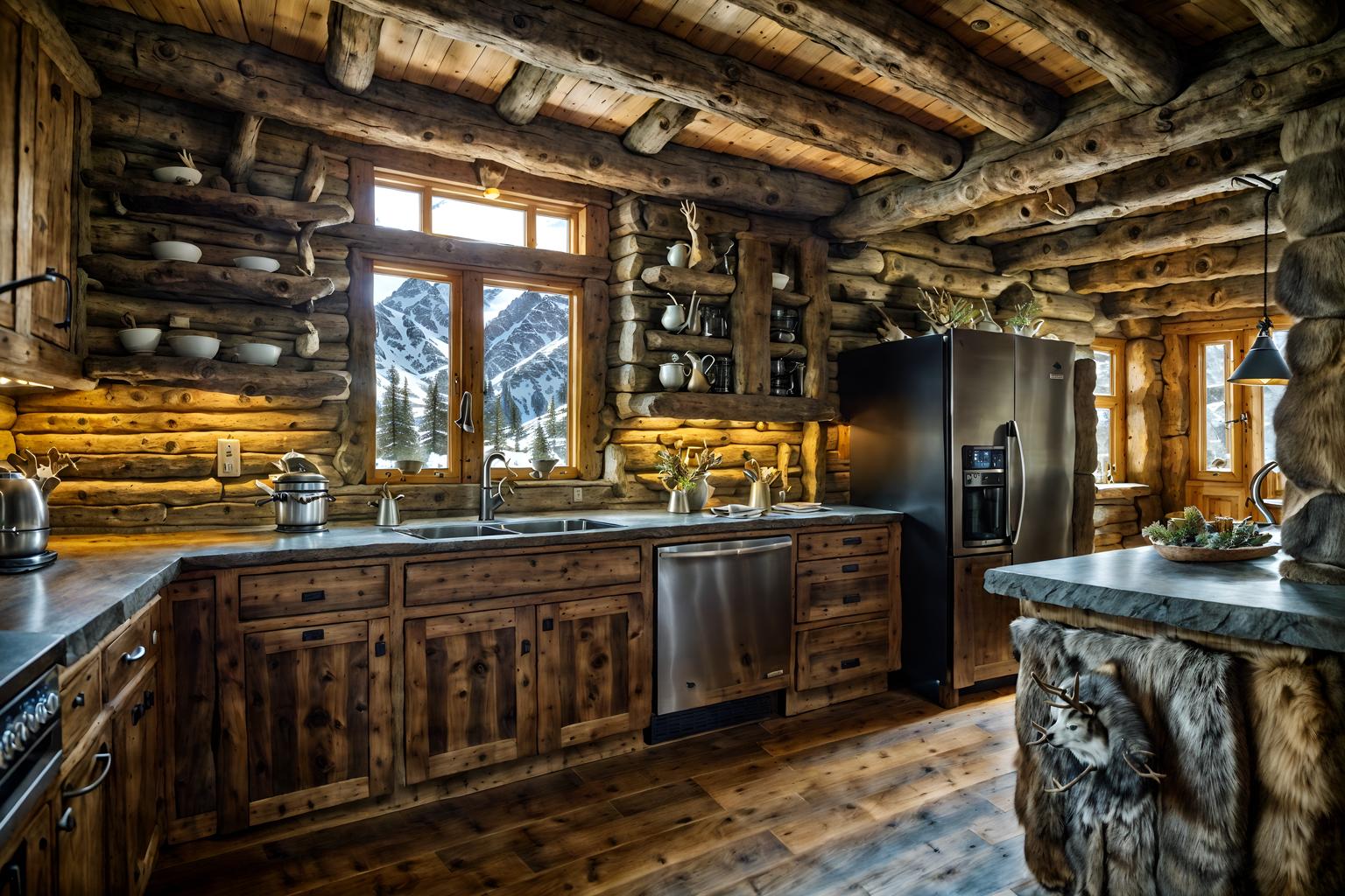 ski chalet-style (kitchen interior) with sink and kitchen cabinets and plant and stove and refrigerator and worktops and sink. . with animal furs and stone fireplace and stone fireplace and window with mountain views and exposed timber and wood beams and wooden logs and hanging wall elk antler. . cinematic photo, highly detailed, cinematic lighting, ultra-detailed, ultrarealistic, photorealism, 8k. ski chalet interior design style. masterpiece, cinematic light, ultrarealistic+, photorealistic+, 8k, raw photo, realistic, sharp focus on eyes, (symmetrical eyes), (intact eyes), hyperrealistic, highest quality, best quality, , highly detailed, masterpiece, best quality, extremely detailed 8k wallpaper, masterpiece, best quality, ultra-detailed, best shadow, detailed background, detailed face, detailed eyes, high contrast, best illumination, detailed face, dulux, caustic, dynamic angle, detailed glow. dramatic lighting. highly detailed, insanely detailed hair, symmetrical, intricate details, professionally retouched, 8k high definition. strong bokeh. award winning photo.