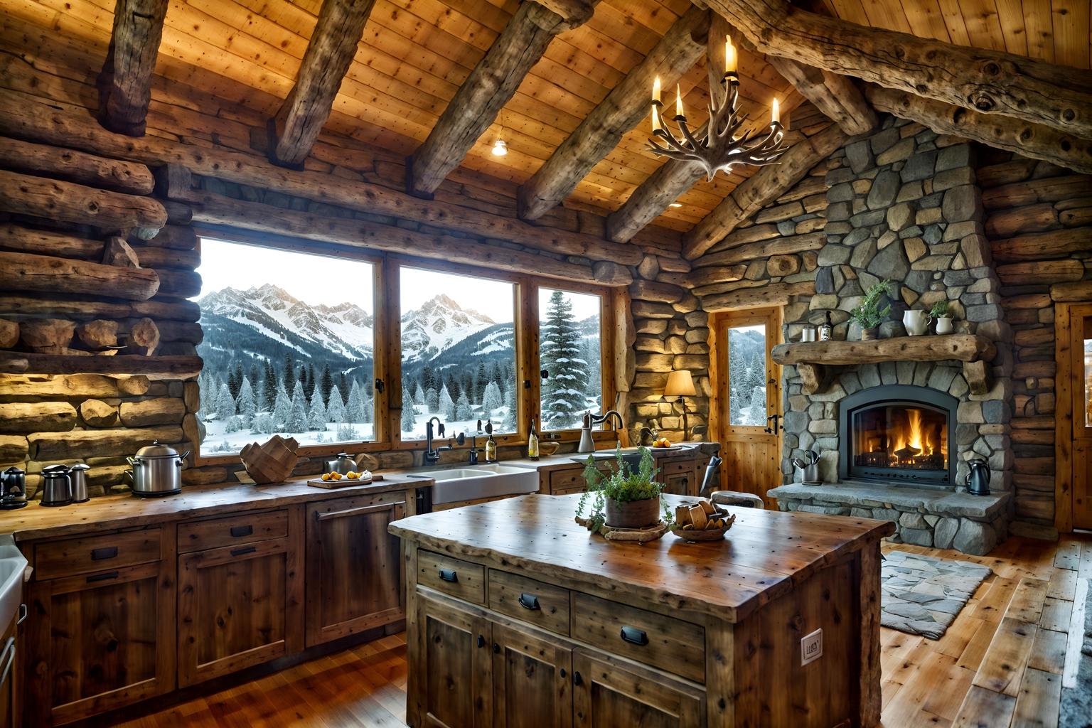 ski chalet-style (kitchen interior) with sink and kitchen cabinets and plant and stove and refrigerator and worktops and sink. . with animal furs and stone fireplace and stone fireplace and window with mountain views and exposed timber and wood beams and wooden logs and hanging wall elk antler. . cinematic photo, highly detailed, cinematic lighting, ultra-detailed, ultrarealistic, photorealism, 8k. ski chalet interior design style. masterpiece, cinematic light, ultrarealistic+, photorealistic+, 8k, raw photo, realistic, sharp focus on eyes, (symmetrical eyes), (intact eyes), hyperrealistic, highest quality, best quality, , highly detailed, masterpiece, best quality, extremely detailed 8k wallpaper, masterpiece, best quality, ultra-detailed, best shadow, detailed background, detailed face, detailed eyes, high contrast, best illumination, detailed face, dulux, caustic, dynamic angle, detailed glow. dramatic lighting. highly detailed, insanely detailed hair, symmetrical, intricate details, professionally retouched, 8k high definition. strong bokeh. award winning photo.