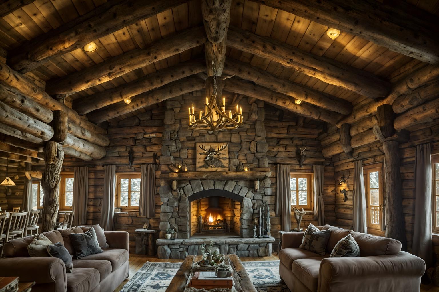 ski chalet-style (exhibition space interior) . with exposed construction beams and hanging wall elk antler and stone fireplace and decorative carving and mouldings and ski-themed decor and layered textiles and rustic and wooden logs. . cinematic photo, highly detailed, cinematic lighting, ultra-detailed, ultrarealistic, photorealism, 8k. ski chalet interior design style. masterpiece, cinematic light, ultrarealistic+, photorealistic+, 8k, raw photo, realistic, sharp focus on eyes, (symmetrical eyes), (intact eyes), hyperrealistic, highest quality, best quality, , highly detailed, masterpiece, best quality, extremely detailed 8k wallpaper, masterpiece, best quality, ultra-detailed, best shadow, detailed background, detailed face, detailed eyes, high contrast, best illumination, detailed face, dulux, caustic, dynamic angle, detailed glow. dramatic lighting. highly detailed, insanely detailed hair, symmetrical, intricate details, professionally retouched, 8k high definition. strong bokeh. award winning photo.