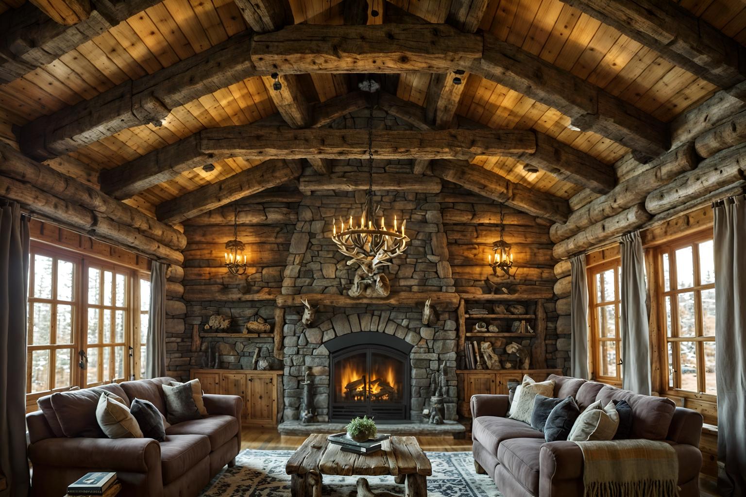 ski chalet-style (exhibition space interior) . with exposed construction beams and hanging wall elk antler and stone fireplace and decorative carving and mouldings and ski-themed decor and layered textiles and rustic and wooden logs. . cinematic photo, highly detailed, cinematic lighting, ultra-detailed, ultrarealistic, photorealism, 8k. ski chalet interior design style. masterpiece, cinematic light, ultrarealistic+, photorealistic+, 8k, raw photo, realistic, sharp focus on eyes, (symmetrical eyes), (intact eyes), hyperrealistic, highest quality, best quality, , highly detailed, masterpiece, best quality, extremely detailed 8k wallpaper, masterpiece, best quality, ultra-detailed, best shadow, detailed background, detailed face, detailed eyes, high contrast, best illumination, detailed face, dulux, caustic, dynamic angle, detailed glow. dramatic lighting. highly detailed, insanely detailed hair, symmetrical, intricate details, professionally retouched, 8k high definition. strong bokeh. award winning photo.