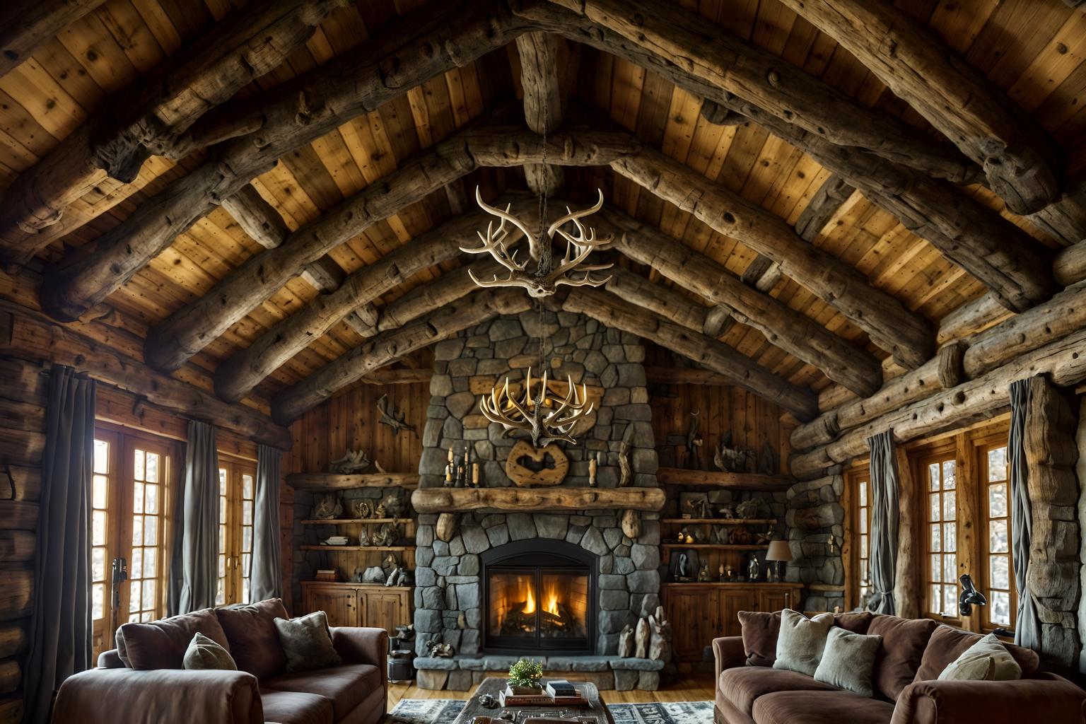 ski chalet-style (exhibition space interior) . with exposed construction beams and hanging wall elk antler and stone fireplace and decorative carving and mouldings and ski-themed decor and layered textiles and rustic and wooden logs. . cinematic photo, highly detailed, cinematic lighting, ultra-detailed, ultrarealistic, photorealism, 8k. ski chalet interior design style. masterpiece, cinematic light, ultrarealistic+, photorealistic+, 8k, raw photo, realistic, sharp focus on eyes, (symmetrical eyes), (intact eyes), hyperrealistic, highest quality, best quality, , highly detailed, masterpiece, best quality, extremely detailed 8k wallpaper, masterpiece, best quality, ultra-detailed, best shadow, detailed background, detailed face, detailed eyes, high contrast, best illumination, detailed face, dulux, caustic, dynamic angle, detailed glow. dramatic lighting. highly detailed, insanely detailed hair, symmetrical, intricate details, professionally retouched, 8k high definition. strong bokeh. award winning photo.