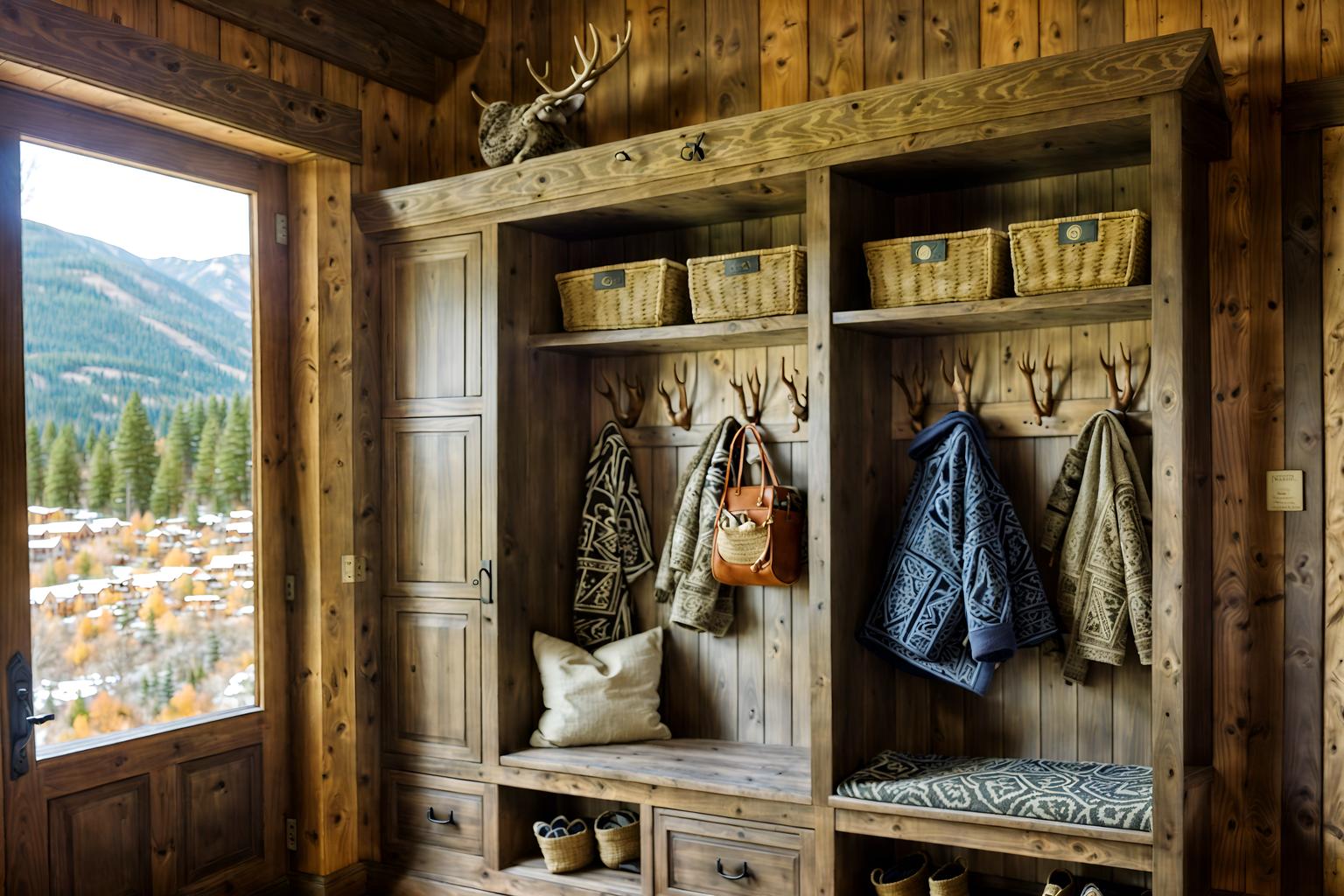 ski chalet-style (mudroom interior) with storage baskets and storage drawers and cubbies and high up storage and wall hooks for coats and cabinets and a bench and shelves for shoes. . with richly patterned fabrics and stone fireplace and layered textiles and wood beams and exposed construction beams and exposed timber and animal motifs and hanging wall elk antler. . cinematic photo, highly detailed, cinematic lighting, ultra-detailed, ultrarealistic, photorealism, 8k. ski chalet interior design style. masterpiece, cinematic light, ultrarealistic+, photorealistic+, 8k, raw photo, realistic, sharp focus on eyes, (symmetrical eyes), (intact eyes), hyperrealistic, highest quality, best quality, , highly detailed, masterpiece, best quality, extremely detailed 8k wallpaper, masterpiece, best quality, ultra-detailed, best shadow, detailed background, detailed face, detailed eyes, high contrast, best illumination, detailed face, dulux, caustic, dynamic angle, detailed glow. dramatic lighting. highly detailed, insanely detailed hair, symmetrical, intricate details, professionally retouched, 8k high definition. strong bokeh. award winning photo.