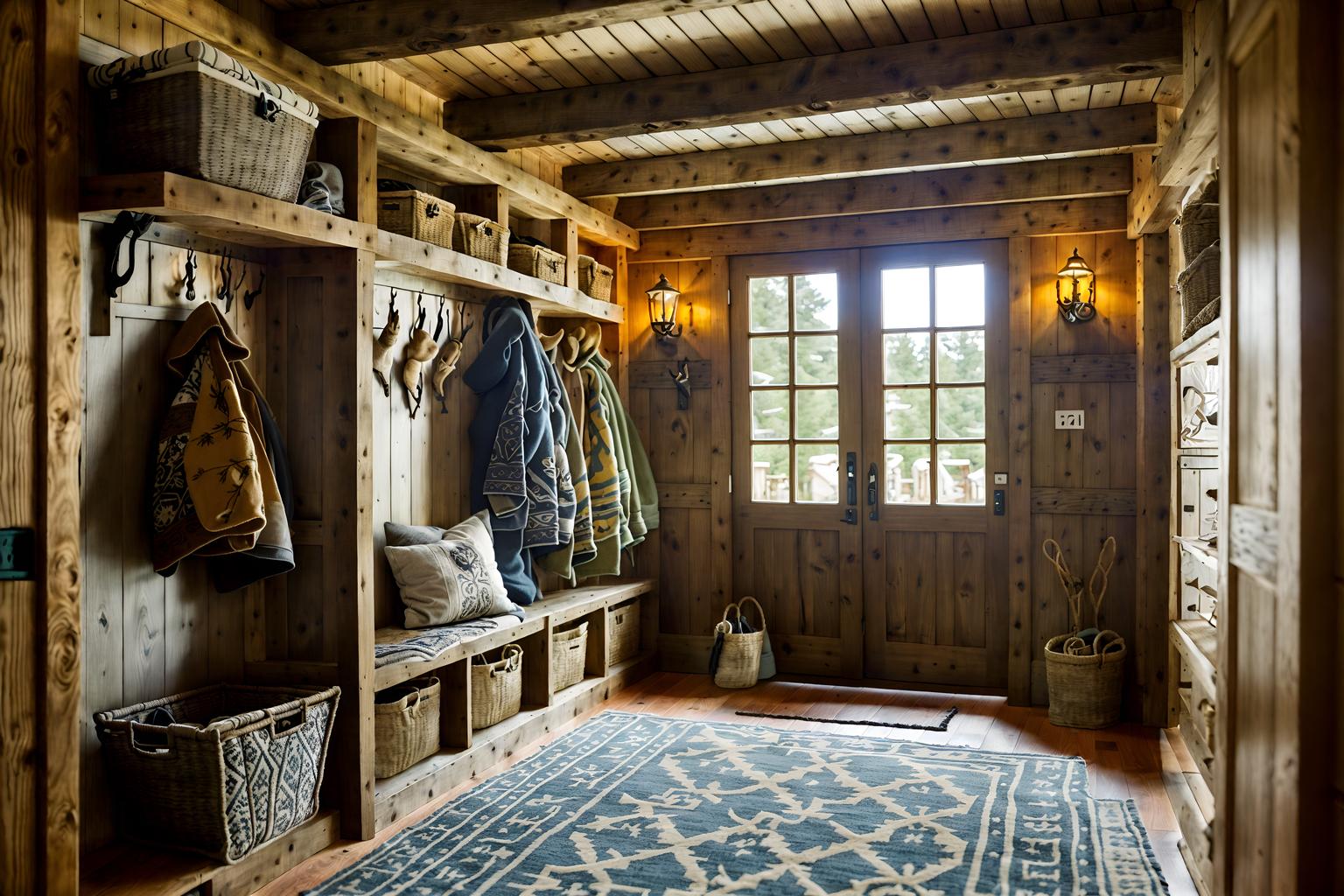 ski chalet-style (mudroom interior) with storage baskets and storage drawers and cubbies and high up storage and wall hooks for coats and cabinets and a bench and shelves for shoes. . with richly patterned fabrics and stone fireplace and layered textiles and wood beams and exposed construction beams and exposed timber and animal motifs and hanging wall elk antler. . cinematic photo, highly detailed, cinematic lighting, ultra-detailed, ultrarealistic, photorealism, 8k. ski chalet interior design style. masterpiece, cinematic light, ultrarealistic+, photorealistic+, 8k, raw photo, realistic, sharp focus on eyes, (symmetrical eyes), (intact eyes), hyperrealistic, highest quality, best quality, , highly detailed, masterpiece, best quality, extremely detailed 8k wallpaper, masterpiece, best quality, ultra-detailed, best shadow, detailed background, detailed face, detailed eyes, high contrast, best illumination, detailed face, dulux, caustic, dynamic angle, detailed glow. dramatic lighting. highly detailed, insanely detailed hair, symmetrical, intricate details, professionally retouched, 8k high definition. strong bokeh. award winning photo.