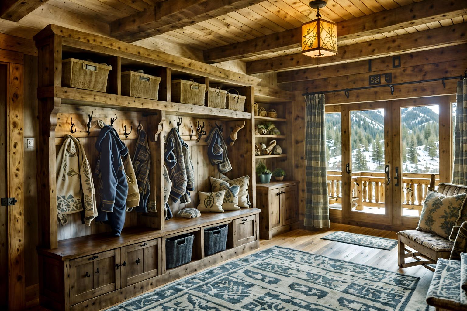 ski chalet-style (mudroom interior) with storage baskets and storage drawers and cubbies and high up storage and wall hooks for coats and cabinets and a bench and shelves for shoes. . with richly patterned fabrics and stone fireplace and layered textiles and wood beams and exposed construction beams and exposed timber and animal motifs and hanging wall elk antler. . cinematic photo, highly detailed, cinematic lighting, ultra-detailed, ultrarealistic, photorealism, 8k. ski chalet interior design style. masterpiece, cinematic light, ultrarealistic+, photorealistic+, 8k, raw photo, realistic, sharp focus on eyes, (symmetrical eyes), (intact eyes), hyperrealistic, highest quality, best quality, , highly detailed, masterpiece, best quality, extremely detailed 8k wallpaper, masterpiece, best quality, ultra-detailed, best shadow, detailed background, detailed face, detailed eyes, high contrast, best illumination, detailed face, dulux, caustic, dynamic angle, detailed glow. dramatic lighting. highly detailed, insanely detailed hair, symmetrical, intricate details, professionally retouched, 8k high definition. strong bokeh. award winning photo.