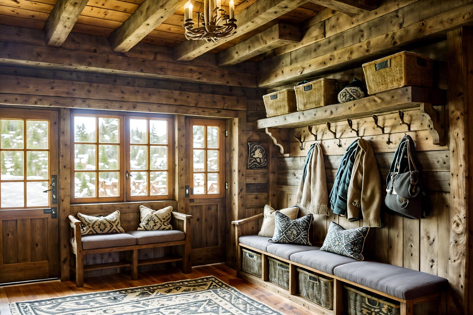 ski chalet-style (mudroom interior) with storage baskets and storage drawers and cubbies and high up storage and wall hooks for coats and cabinets and a bench and shelves for shoes. . with richly patterned fabrics and stone fireplace and layered textiles and wood beams and exposed construction beams and exposed timber and animal motifs and hanging wall elk antler. . cinematic photo, highly detailed, cinematic lighting, ultra-detailed, ultrarealistic, photorealism, 8k. ski chalet interior design style. masterpiece, cinematic light, ultrarealistic+, photorealistic+, 8k, raw photo, realistic, sharp focus on eyes, (symmetrical eyes), (intact eyes), hyperrealistic, highest quality, best quality, , highly detailed, masterpiece, best quality, extremely detailed 8k wallpaper, masterpiece, best quality, ultra-detailed, best shadow, detailed background, detailed face, detailed eyes, high contrast, best illumination, detailed face, dulux, caustic, dynamic angle, detailed glow. dramatic lighting. highly detailed, insanely detailed hair, symmetrical, intricate details, professionally retouched, 8k high definition. strong bokeh. award winning photo.