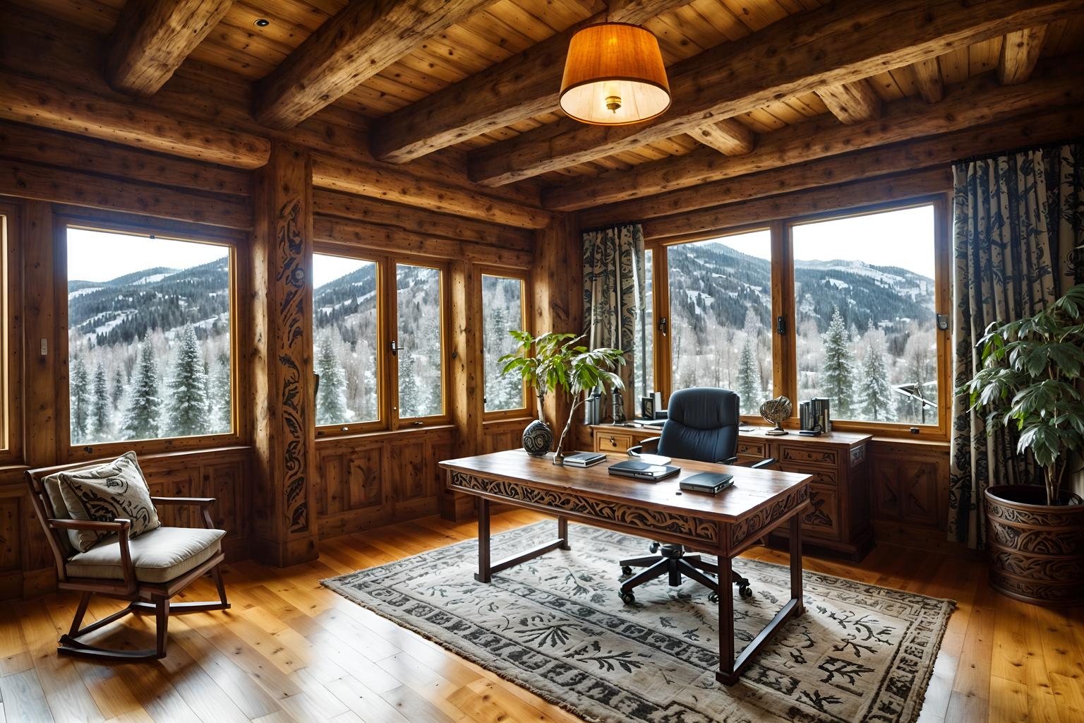 ski chalet-style (office interior) with desk lamps and office chairs and cabinets and office desks and plants and computer desks and windows and seating area with sofa. . with nature-inspired and exposed wood and animal motifs and stone fireplace and exposed construction beams and richly patterned fabrics and decorative carving and mouldings and layered textiles. . cinematic photo, highly detailed, cinematic lighting, ultra-detailed, ultrarealistic, photorealism, 8k. ski chalet interior design style. masterpiece, cinematic light, ultrarealistic+, photorealistic+, 8k, raw photo, realistic, sharp focus on eyes, (symmetrical eyes), (intact eyes), hyperrealistic, highest quality, best quality, , highly detailed, masterpiece, best quality, extremely detailed 8k wallpaper, masterpiece, best quality, ultra-detailed, best shadow, detailed background, detailed face, detailed eyes, high contrast, best illumination, detailed face, dulux, caustic, dynamic angle, detailed glow. dramatic lighting. highly detailed, insanely detailed hair, symmetrical, intricate details, professionally retouched, 8k high definition. strong bokeh. award winning photo.