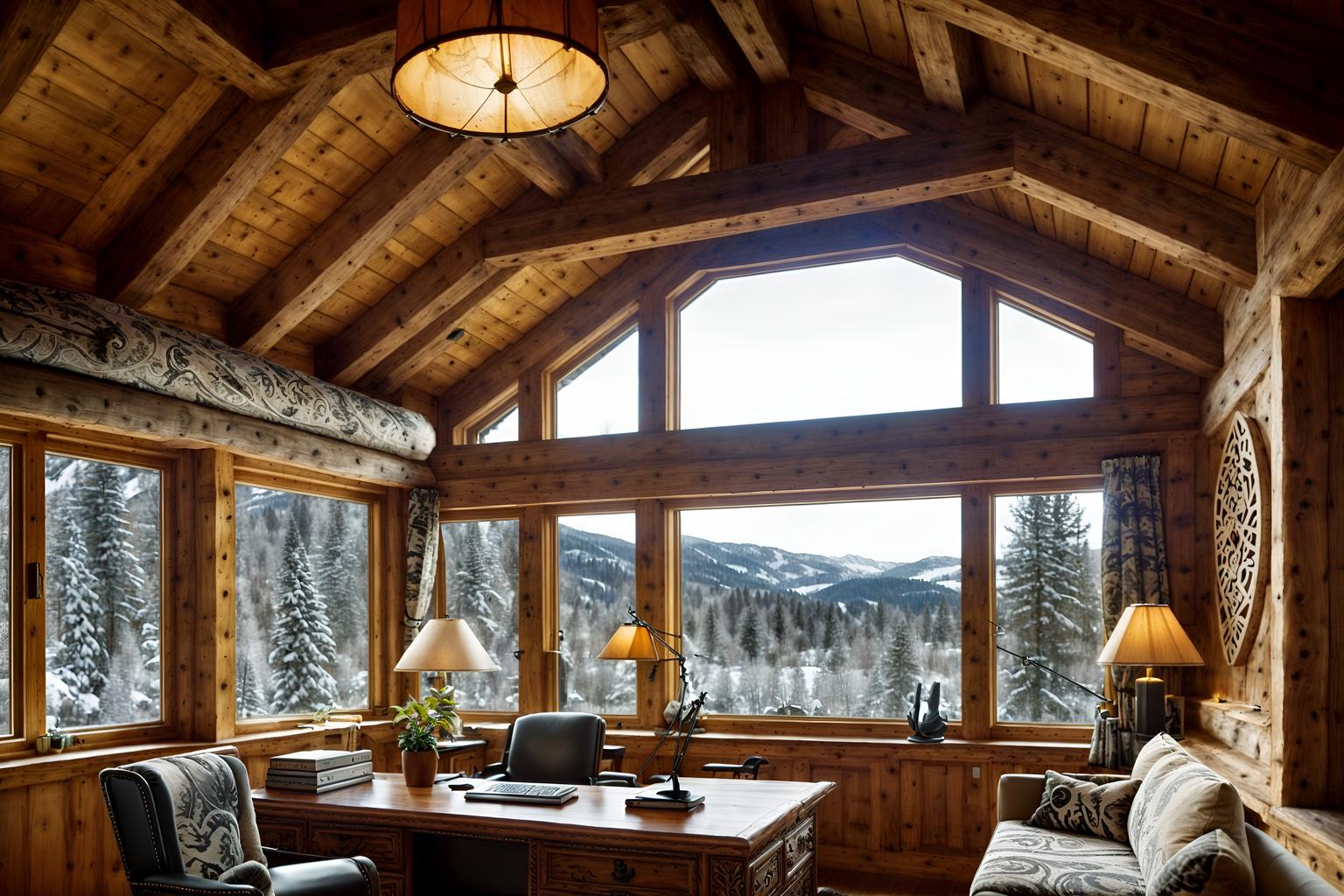 ski chalet-style (office interior) with desk lamps and office chairs and cabinets and office desks and plants and computer desks and windows and seating area with sofa. . with nature-inspired and exposed wood and animal motifs and stone fireplace and exposed construction beams and richly patterned fabrics and decorative carving and mouldings and layered textiles. . cinematic photo, highly detailed, cinematic lighting, ultra-detailed, ultrarealistic, photorealism, 8k. ski chalet interior design style. masterpiece, cinematic light, ultrarealistic+, photorealistic+, 8k, raw photo, realistic, sharp focus on eyes, (symmetrical eyes), (intact eyes), hyperrealistic, highest quality, best quality, , highly detailed, masterpiece, best quality, extremely detailed 8k wallpaper, masterpiece, best quality, ultra-detailed, best shadow, detailed background, detailed face, detailed eyes, high contrast, best illumination, detailed face, dulux, caustic, dynamic angle, detailed glow. dramatic lighting. highly detailed, insanely detailed hair, symmetrical, intricate details, professionally retouched, 8k high definition. strong bokeh. award winning photo.