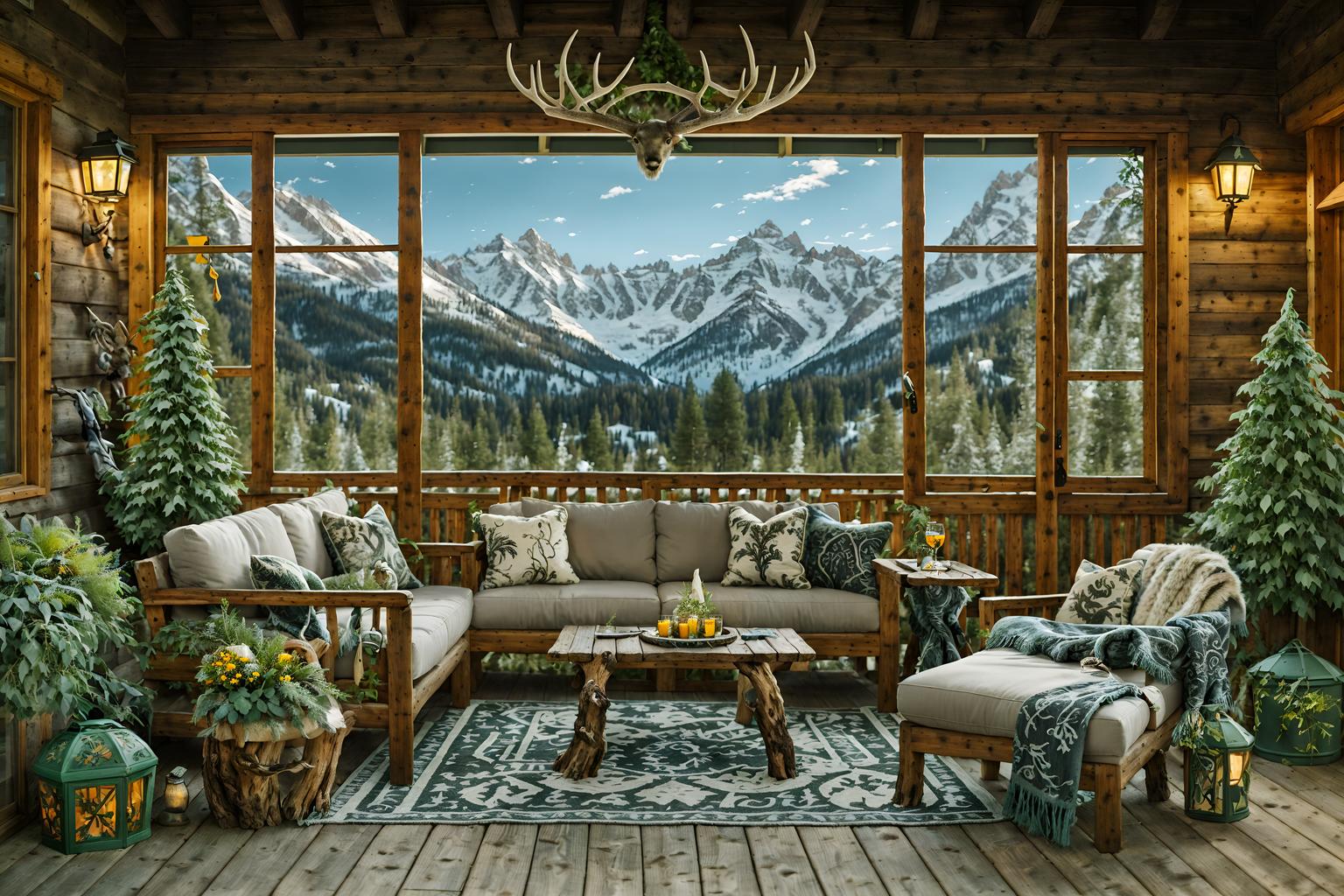 ski chalet-style designed (outdoor garden ) with garden tree and grass and garden plants and garden tree. . with ski-themed decor and hanging wall elk antler and exposed wood and window with mountain views and richly patterned fabrics and animal furs and layered textiles and animal motifs. . cinematic photo, highly detailed, cinematic lighting, ultra-detailed, ultrarealistic, photorealism, 8k. ski chalet design style. masterpiece, cinematic light, ultrarealistic+, photorealistic+, 8k, raw photo, realistic, sharp focus on eyes, (symmetrical eyes), (intact eyes), hyperrealistic, highest quality, best quality, , highly detailed, masterpiece, best quality, extremely detailed 8k wallpaper, masterpiece, best quality, ultra-detailed, best shadow, detailed background, detailed face, detailed eyes, high contrast, best illumination, detailed face, dulux, caustic, dynamic angle, detailed glow. dramatic lighting. highly detailed, insanely detailed hair, symmetrical, intricate details, professionally retouched, 8k high definition. strong bokeh. award winning photo.