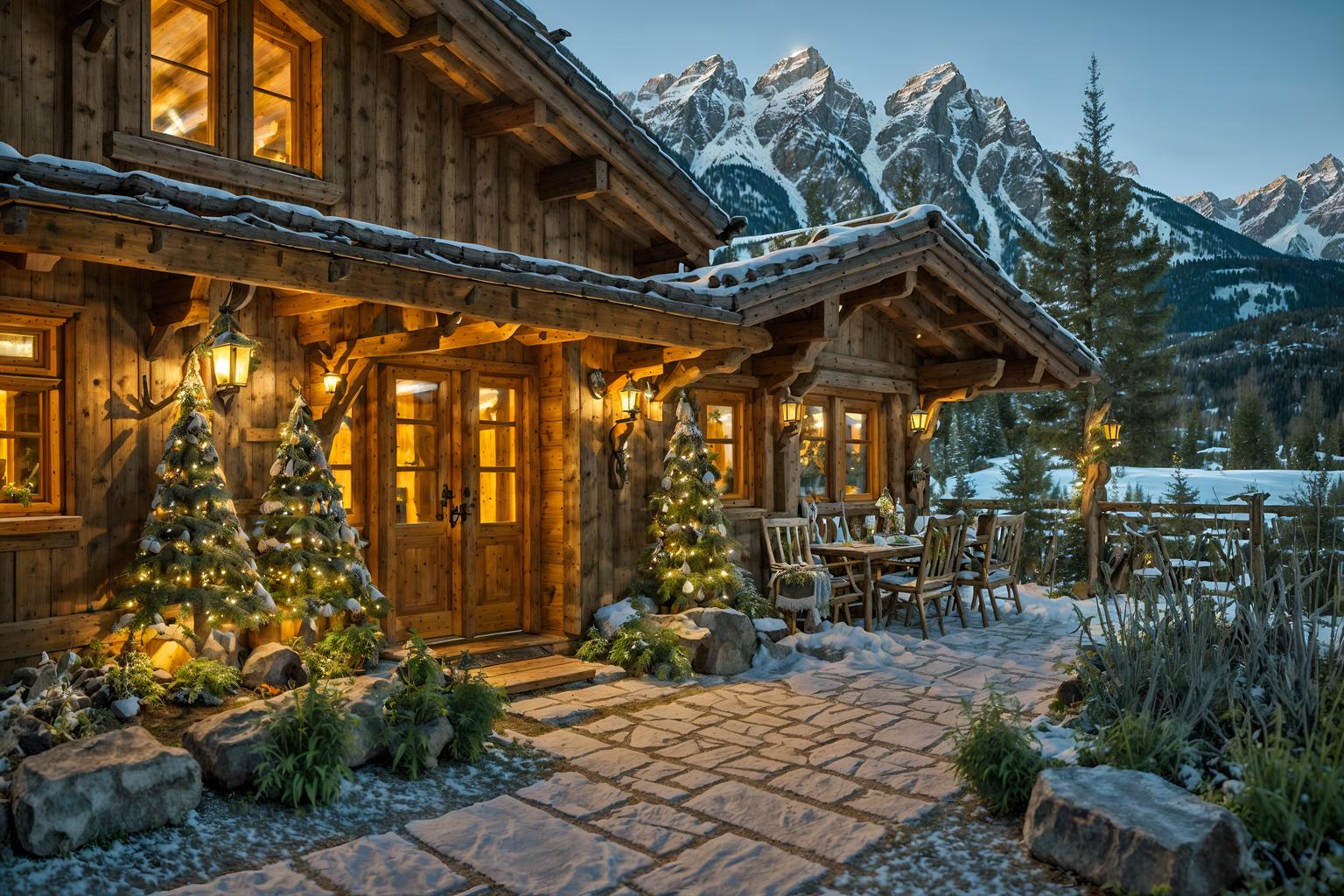 ski chalet-style designed (outdoor garden ) with garden tree and grass and garden plants and garden tree. . with ski-themed decor and hanging wall elk antler and exposed wood and window with mountain views and richly patterned fabrics and animal furs and layered textiles and animal motifs. . cinematic photo, highly detailed, cinematic lighting, ultra-detailed, ultrarealistic, photorealism, 8k. ski chalet design style. masterpiece, cinematic light, ultrarealistic+, photorealistic+, 8k, raw photo, realistic, sharp focus on eyes, (symmetrical eyes), (intact eyes), hyperrealistic, highest quality, best quality, , highly detailed, masterpiece, best quality, extremely detailed 8k wallpaper, masterpiece, best quality, ultra-detailed, best shadow, detailed background, detailed face, detailed eyes, high contrast, best illumination, detailed face, dulux, caustic, dynamic angle, detailed glow. dramatic lighting. highly detailed, insanely detailed hair, symmetrical, intricate details, professionally retouched, 8k high definition. strong bokeh. award winning photo.