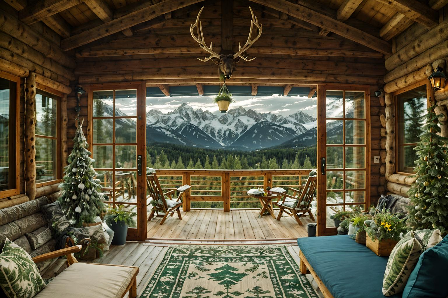 ski chalet-style designed (outdoor garden ) with garden tree and grass and garden plants and garden tree. . with ski-themed decor and hanging wall elk antler and exposed wood and window with mountain views and richly patterned fabrics and animal furs and layered textiles and animal motifs. . cinematic photo, highly detailed, cinematic lighting, ultra-detailed, ultrarealistic, photorealism, 8k. ski chalet design style. masterpiece, cinematic light, ultrarealistic+, photorealistic+, 8k, raw photo, realistic, sharp focus on eyes, (symmetrical eyes), (intact eyes), hyperrealistic, highest quality, best quality, , highly detailed, masterpiece, best quality, extremely detailed 8k wallpaper, masterpiece, best quality, ultra-detailed, best shadow, detailed background, detailed face, detailed eyes, high contrast, best illumination, detailed face, dulux, caustic, dynamic angle, detailed glow. dramatic lighting. highly detailed, insanely detailed hair, symmetrical, intricate details, professionally retouched, 8k high definition. strong bokeh. award winning photo.