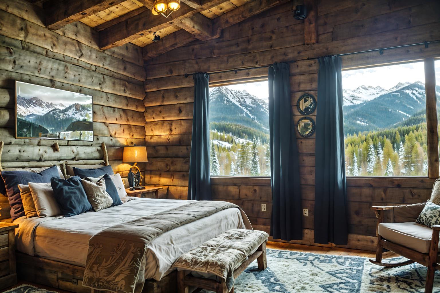 ski chalet-style (bedroom interior) with mirror and storage bench or ottoman and headboard and plant and night light and bedside table or night stand and dresser closet and accent chair. . with exposed construction beams and mountain-inspired and richly patterned fabrics and wooden walls and wood beams and nature-inspired and layered textiles and hanging wall elk antler. . cinematic photo, highly detailed, cinematic lighting, ultra-detailed, ultrarealistic, photorealism, 8k. ski chalet interior design style. masterpiece, cinematic light, ultrarealistic+, photorealistic+, 8k, raw photo, realistic, sharp focus on eyes, (symmetrical eyes), (intact eyes), hyperrealistic, highest quality, best quality, , highly detailed, masterpiece, best quality, extremely detailed 8k wallpaper, masterpiece, best quality, ultra-detailed, best shadow, detailed background, detailed face, detailed eyes, high contrast, best illumination, detailed face, dulux, caustic, dynamic angle, detailed glow. dramatic lighting. highly detailed, insanely detailed hair, symmetrical, intricate details, professionally retouched, 8k high definition. strong bokeh. award winning photo.