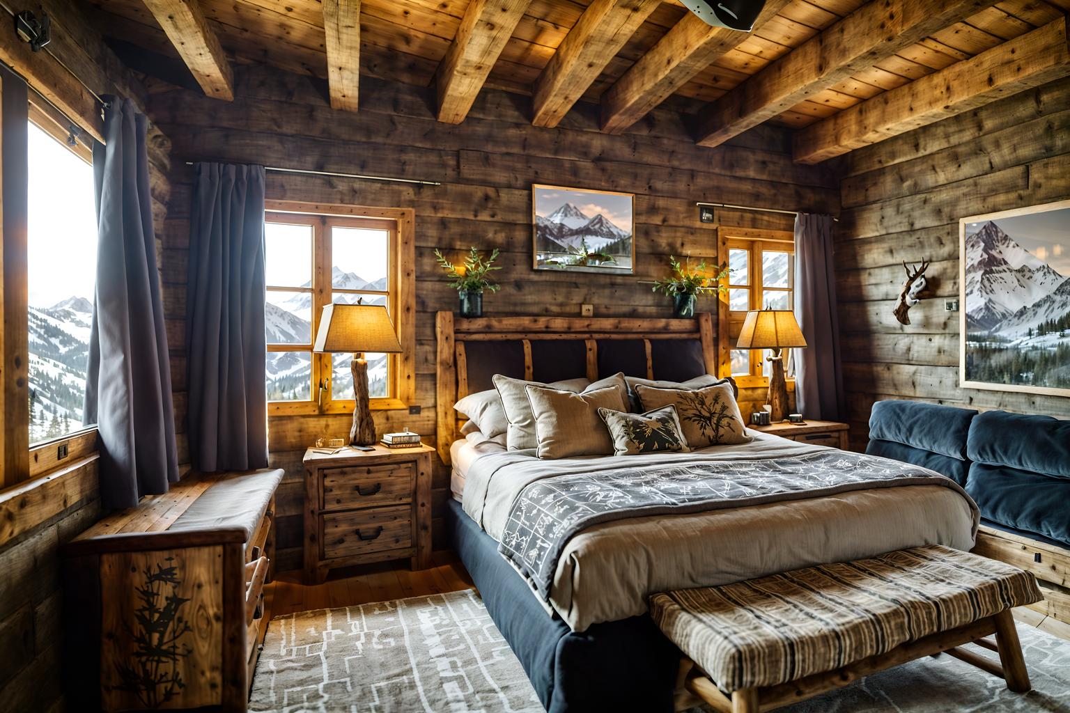 ski chalet-style (bedroom interior) with mirror and storage bench or ottoman and headboard and plant and night light and bedside table or night stand and dresser closet and accent chair. . with exposed construction beams and mountain-inspired and richly patterned fabrics and wooden walls and wood beams and nature-inspired and layered textiles and hanging wall elk antler. . cinematic photo, highly detailed, cinematic lighting, ultra-detailed, ultrarealistic, photorealism, 8k. ski chalet interior design style. masterpiece, cinematic light, ultrarealistic+, photorealistic+, 8k, raw photo, realistic, sharp focus on eyes, (symmetrical eyes), (intact eyes), hyperrealistic, highest quality, best quality, , highly detailed, masterpiece, best quality, extremely detailed 8k wallpaper, masterpiece, best quality, ultra-detailed, best shadow, detailed background, detailed face, detailed eyes, high contrast, best illumination, detailed face, dulux, caustic, dynamic angle, detailed glow. dramatic lighting. highly detailed, insanely detailed hair, symmetrical, intricate details, professionally retouched, 8k high definition. strong bokeh. award winning photo.