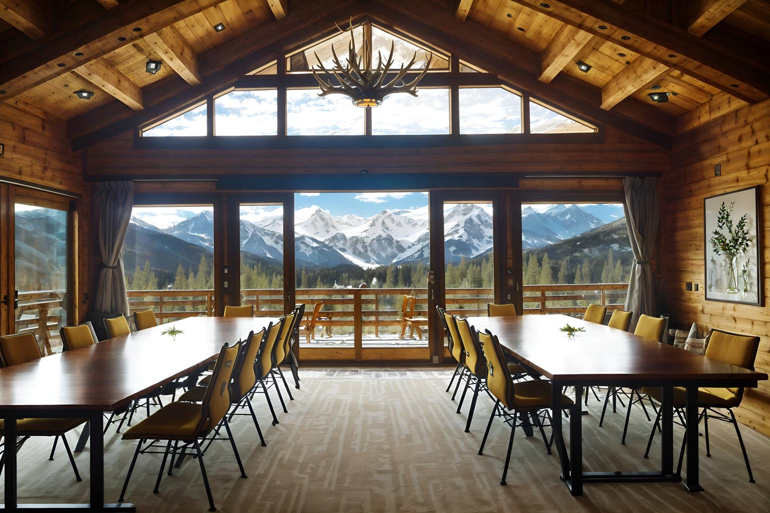 ski chalet-style (meeting room interior) with plant and glass doors and boardroom table and vase and cabinets and office chairs and painting or photo on wall and glass walls. . with exposed construction beams and window with mountain views and richly patterned fabrics and hanging wall elk antler and animal motifs and exposed timber and ski-themed decor and layered textiles. . cinematic photo, highly detailed, cinematic lighting, ultra-detailed, ultrarealistic, photorealism, 8k. ski chalet interior design style. masterpiece, cinematic light, ultrarealistic+, photorealistic+, 8k, raw photo, realistic, sharp focus on eyes, (symmetrical eyes), (intact eyes), hyperrealistic, highest quality, best quality, , highly detailed, masterpiece, best quality, extremely detailed 8k wallpaper, masterpiece, best quality, ultra-detailed, best shadow, detailed background, detailed face, detailed eyes, high contrast, best illumination, detailed face, dulux, caustic, dynamic angle, detailed glow. dramatic lighting. highly detailed, insanely detailed hair, symmetrical, intricate details, professionally retouched, 8k high definition. strong bokeh. award winning photo.