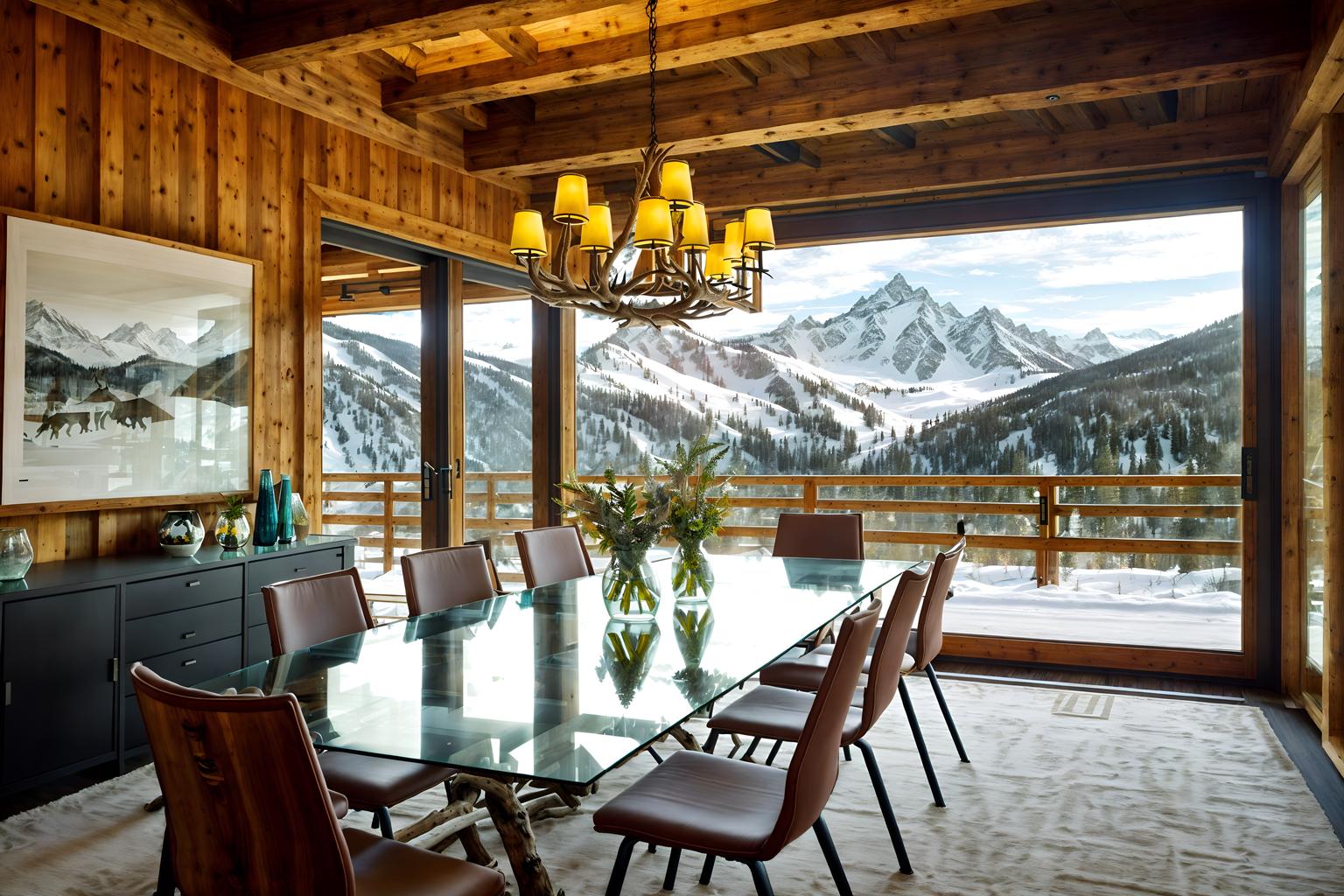 ski chalet-style (meeting room interior) with plant and glass doors and boardroom table and vase and cabinets and office chairs and painting or photo on wall and glass walls. . with exposed construction beams and window with mountain views and richly patterned fabrics and hanging wall elk antler and animal motifs and exposed timber and ski-themed decor and layered textiles. . cinematic photo, highly detailed, cinematic lighting, ultra-detailed, ultrarealistic, photorealism, 8k. ski chalet interior design style. masterpiece, cinematic light, ultrarealistic+, photorealistic+, 8k, raw photo, realistic, sharp focus on eyes, (symmetrical eyes), (intact eyes), hyperrealistic, highest quality, best quality, , highly detailed, masterpiece, best quality, extremely detailed 8k wallpaper, masterpiece, best quality, ultra-detailed, best shadow, detailed background, detailed face, detailed eyes, high contrast, best illumination, detailed face, dulux, caustic, dynamic angle, detailed glow. dramatic lighting. highly detailed, insanely detailed hair, symmetrical, intricate details, professionally retouched, 8k high definition. strong bokeh. award winning photo.