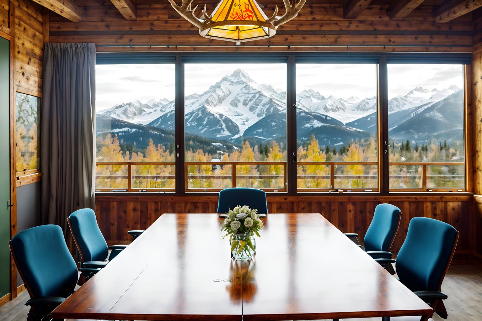 ski chalet-style (meeting room interior) with plant and glass doors and boardroom table and vase and cabinets and office chairs and painting or photo on wall and glass walls. . with exposed construction beams and window with mountain views and richly patterned fabrics and hanging wall elk antler and animal motifs and exposed timber and ski-themed decor and layered textiles. . cinematic photo, highly detailed, cinematic lighting, ultra-detailed, ultrarealistic, photorealism, 8k. ski chalet interior design style. masterpiece, cinematic light, ultrarealistic+, photorealistic+, 8k, raw photo, realistic, sharp focus on eyes, (symmetrical eyes), (intact eyes), hyperrealistic, highest quality, best quality, , highly detailed, masterpiece, best quality, extremely detailed 8k wallpaper, masterpiece, best quality, ultra-detailed, best shadow, detailed background, detailed face, detailed eyes, high contrast, best illumination, detailed face, dulux, caustic, dynamic angle, detailed glow. dramatic lighting. highly detailed, insanely detailed hair, symmetrical, intricate details, professionally retouched, 8k high definition. strong bokeh. award winning photo.