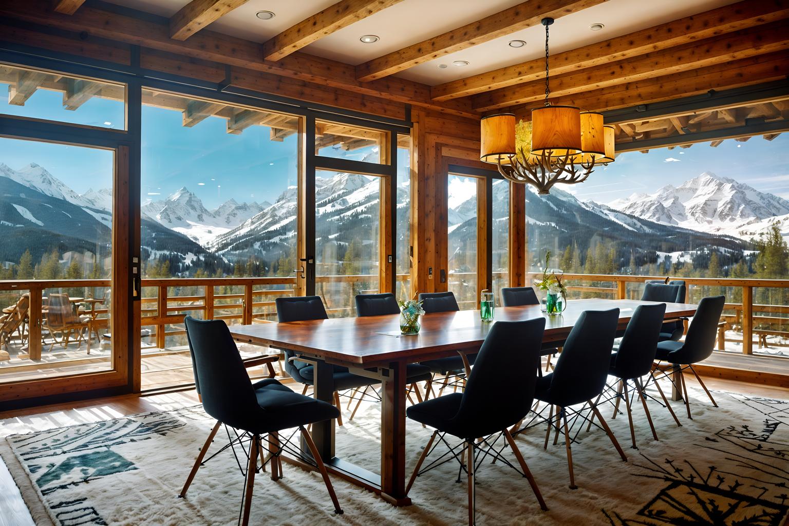 ski chalet-style (meeting room interior) with plant and glass doors and boardroom table and vase and cabinets and office chairs and painting or photo on wall and glass walls. . with exposed construction beams and window with mountain views and richly patterned fabrics and hanging wall elk antler and animal motifs and exposed timber and ski-themed decor and layered textiles. . cinematic photo, highly detailed, cinematic lighting, ultra-detailed, ultrarealistic, photorealism, 8k. ski chalet interior design style. masterpiece, cinematic light, ultrarealistic+, photorealistic+, 8k, raw photo, realistic, sharp focus on eyes, (symmetrical eyes), (intact eyes), hyperrealistic, highest quality, best quality, , highly detailed, masterpiece, best quality, extremely detailed 8k wallpaper, masterpiece, best quality, ultra-detailed, best shadow, detailed background, detailed face, detailed eyes, high contrast, best illumination, detailed face, dulux, caustic, dynamic angle, detailed glow. dramatic lighting. highly detailed, insanely detailed hair, symmetrical, intricate details, professionally retouched, 8k high definition. strong bokeh. award winning photo.