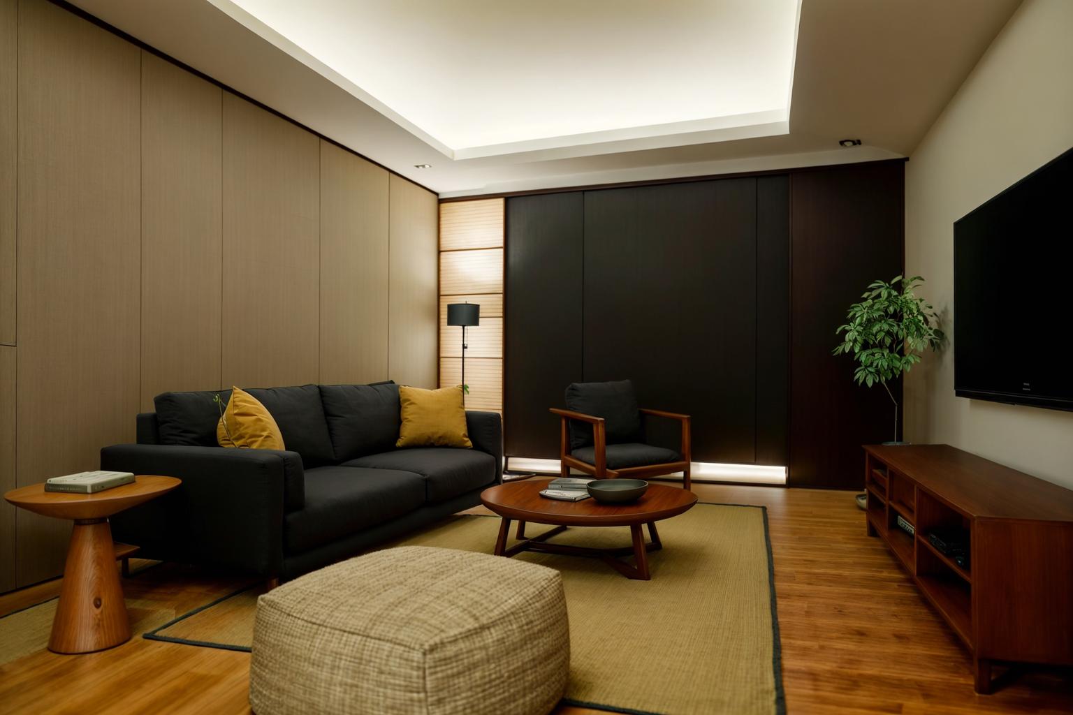 Zen-style (living room interior) With televisions and sofa and bookshelves and rug and coffee tables and occasional tables and chairs and furniture. . With Asian zen interior and simple furniture and Japanese minimalist interior and natural light and Asian interior and Japanese minimalist interior and simplicity and serenity and harmony. . Cinematic photo, highly detailed, cinematic lighting, ultra-detailed, ultrarealistic, photorealism, 8k. Zen interior design style