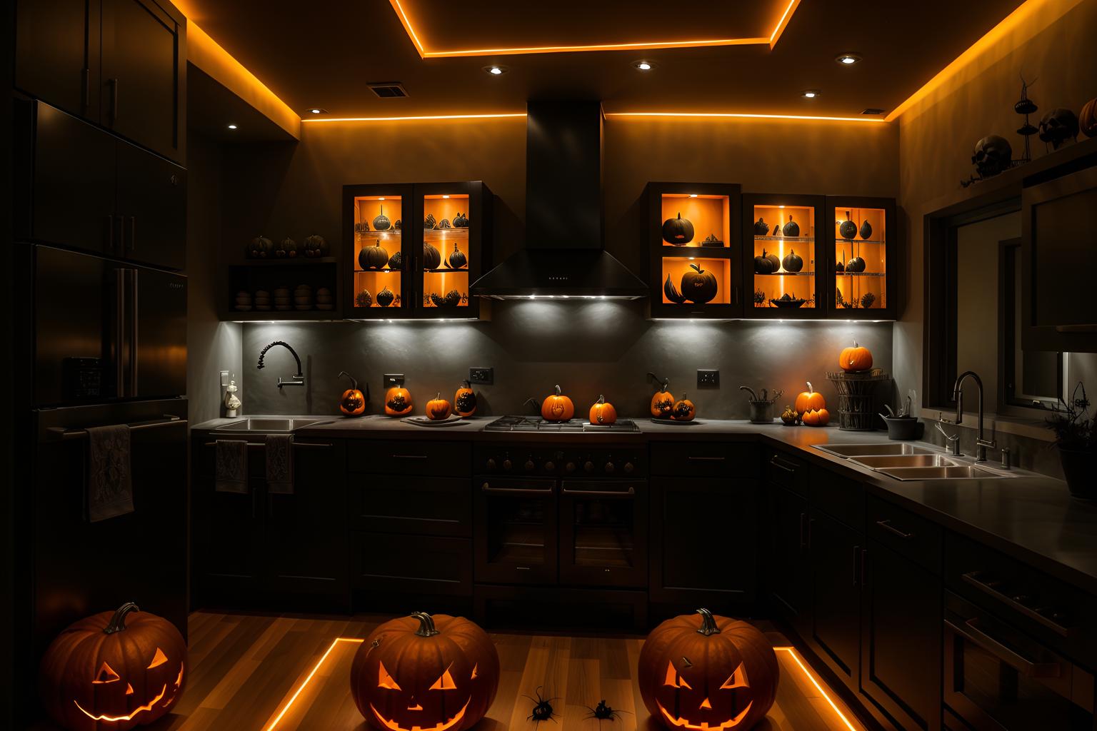 Halloween-style kitchen home interior With human skulls and spiderwebs and lanterns and cobwebs and glowing pumpkins and human skulls. With stove and sink and plant and refrigerator and worktops and kitchen cabinets. Cinematic photo, highly detailed, cinematic lighting, ultra-detailed, ultrarealistic, photorealism, 8k. Halloween interior design style