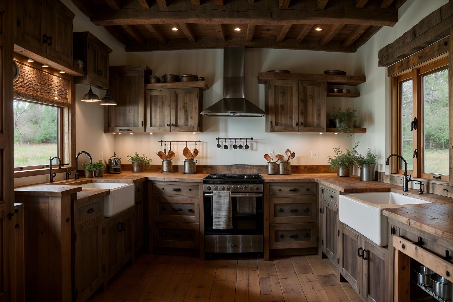 Rustic-style kitchen home interior With . With stove and sink and plant and refrigerator and worktops and kitchen cabinets. Cinematic photo, highly detailed, cinematic lighting, ultra-detailed, ultrarealistic, photorealism, 8k. Rustic interior design style