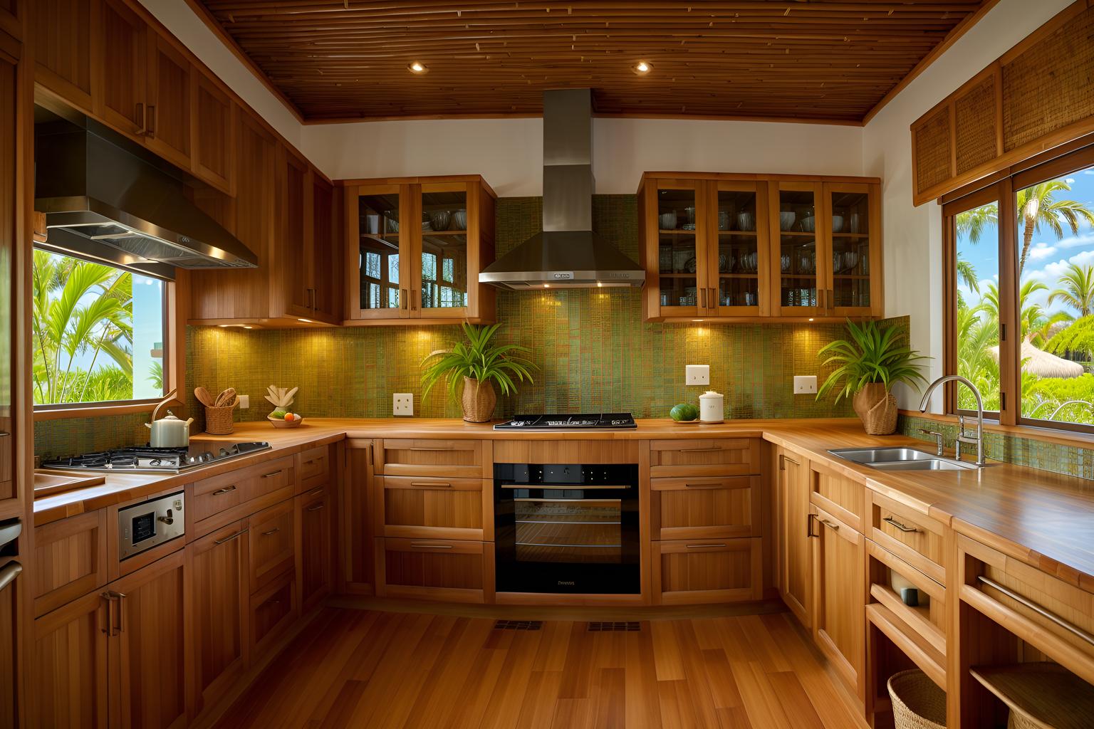 Tropical-style kitchen home interior With palm leaves and lattice prints and wicker and rattan and bamboo and cane motifs and teak and palm trees. With stove and sink and plant and refrigerator and worktops and kitchen cabinets. Cinematic photo, highly detailed, cinematic lighting, ultra-detailed, ultrarealistic, photorealism, 8k. Tropical interior design style