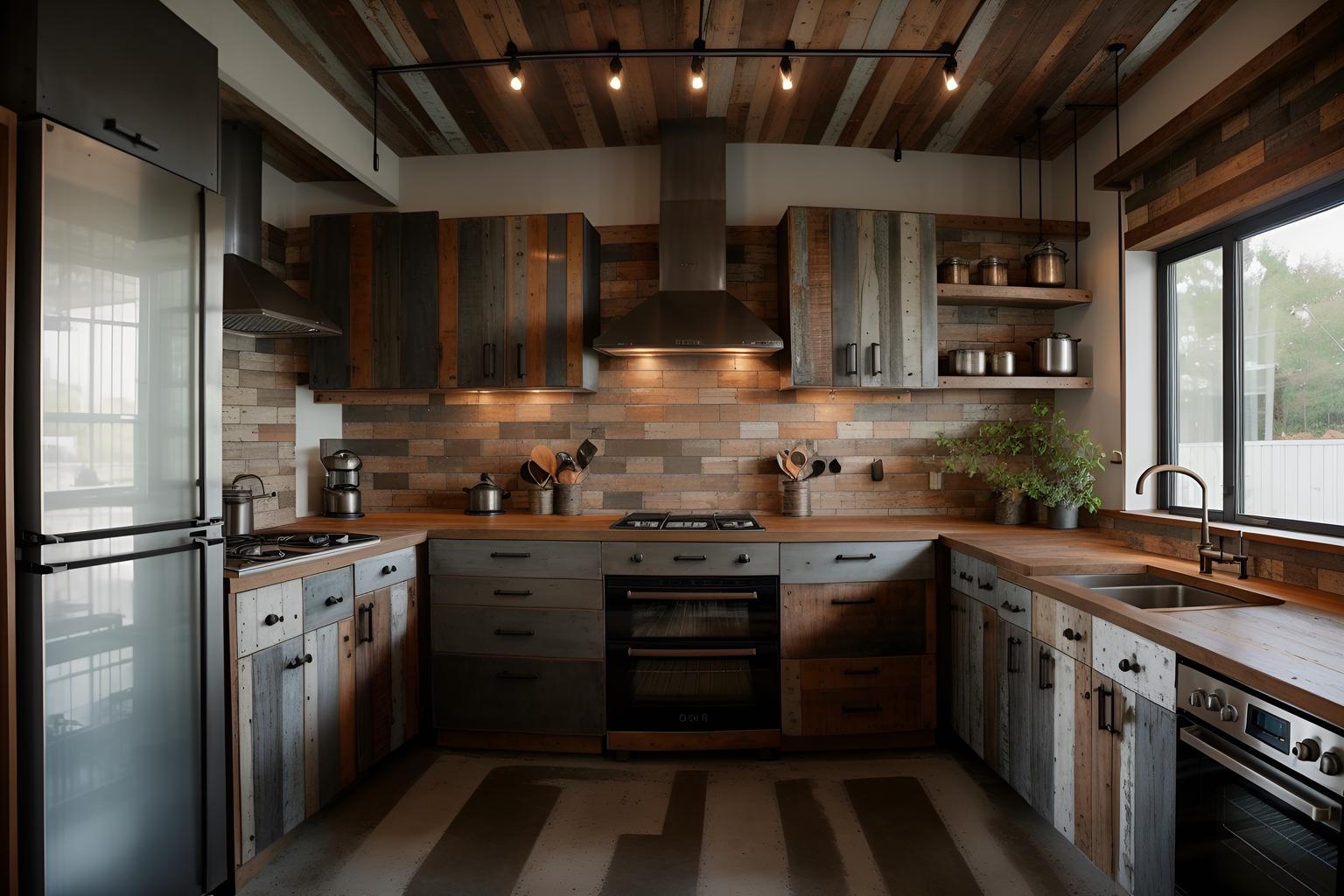 Industrial-style kitchen home interior With reclaimed wood and neutral tones and metal panels and raw aesthetic and utilitarian objects and exposed brick and exposed concrete and exposed rafters. With stove and sink and plant and refrigerator and worktops and kitchen cabinets. Cinematic photo, highly detailed, cinematic lighting, ultra-detailed, ultrarealistic, photorealism, 8k. Industrial interior design style