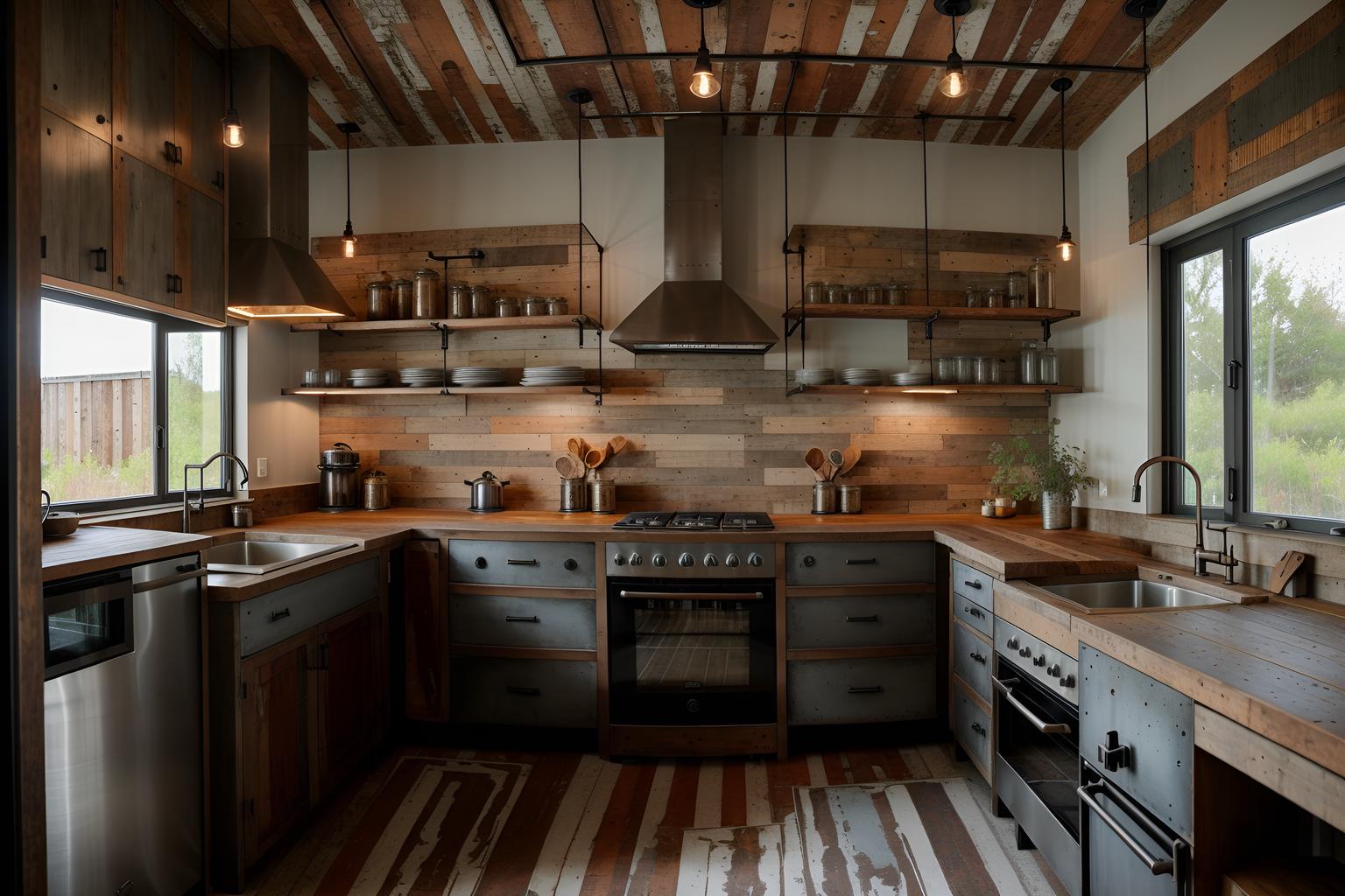 Industrial-style kitchen home interior With reclaimed wood and neutral tones and metal panels and raw aesthetic and utilitarian objects and exposed brick and exposed concrete and exposed rafters. With stove and sink and plant and refrigerator and worktops and kitchen cabinets. Cinematic photo, highly detailed, cinematic lighting, ultra-detailed, ultrarealistic, photorealism, 8k. Industrial interior design style