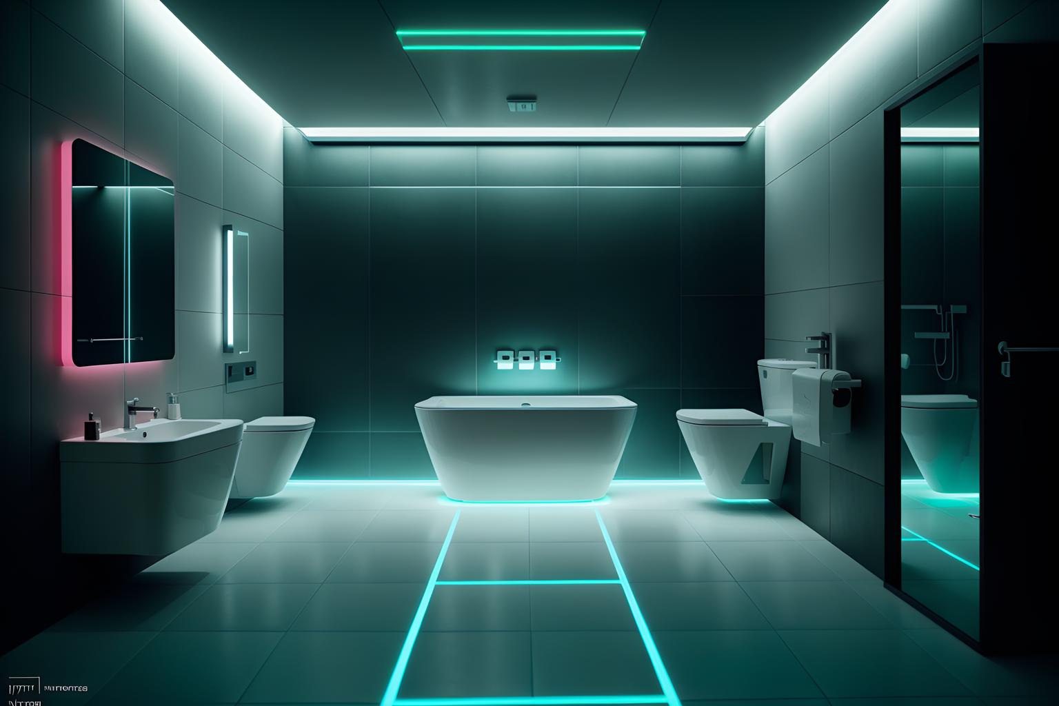 Cyberpunk-style toilet home interior With cyberpunk lights and clean straight square lines and minimalist and synthetic objects and futuristic cybernetic city and surrealist paintings and synthwave and color lights glow. With toilet with toilet seat up and sink with tap and toilet paper hanger. Cinematic photo, highly detailed, cinematic lighting, ultra-detailed, ultrarealistic, photorealism, 8k. Cyberpunk interior design style