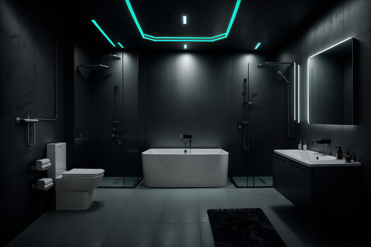Cyberpunk-style bath room home interior With cyberpunk lights and military uniforms and gear and cyberpunk style and dark night and futuristic cybernetic details and bladerunner style and synthetic objects and clean straight square lines. With mirror and bathroom sink with faucet and bathtub and waste basket and toilet seat and bath towel and plant and bathroom cabinet and bath rail and shower. Cinematic photo, highly detailed, cinematic lighting, ultra-detailed, ultrarealistic, photorealism, 8k. Cyberpunk interior design style