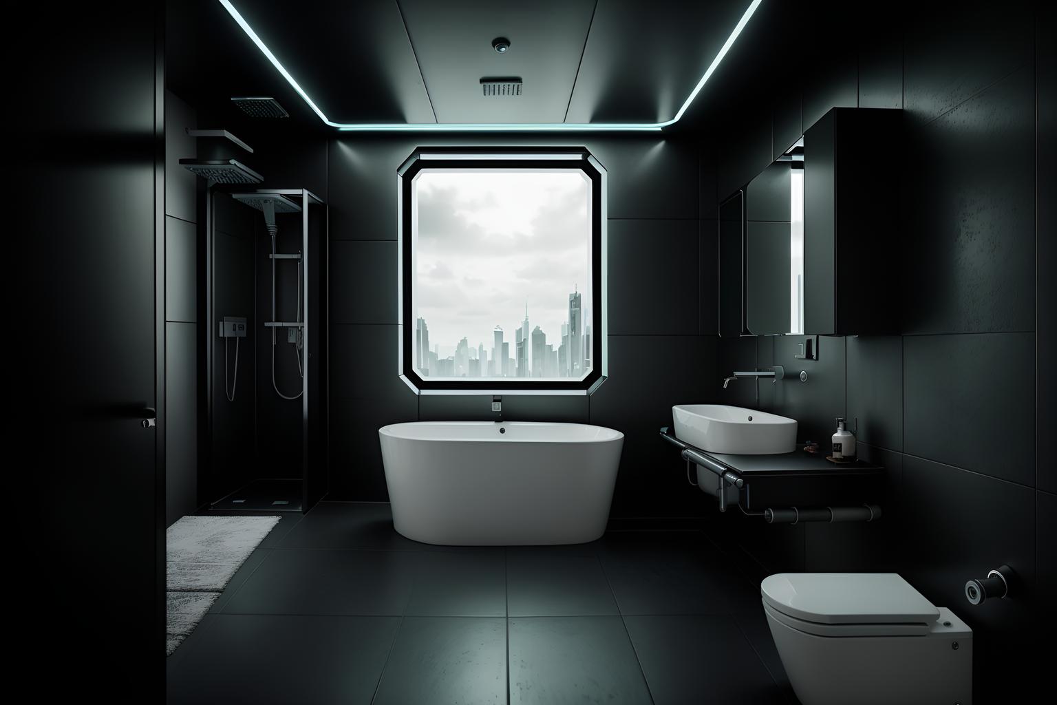 Cyberpunk-style bath room home interior With cyberpunk lights and military uniforms and gear and cyberpunk style and dark night and futuristic cybernetic details and bladerunner style and synthetic objects and clean straight square lines. With mirror and bathroom sink with faucet and bathtub and waste basket and toilet seat and bath towel and plant and bathroom cabinet and bath rail and shower. Cinematic photo, highly detailed, cinematic lighting, ultra-detailed, ultrarealistic, photorealism, 8k. Cyberpunk interior design style