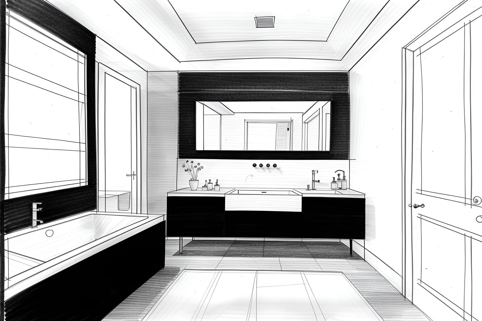 (Hand-drawn monochrome black and white sketch line drawing)++ of Sketch-style (bath room) apartment interior. A sketch of interior. With . A sketch of interior. With mirror and bathroom sink with faucet and bathtub. Trending on Artstation. Black and white line drawing sketch without colors.