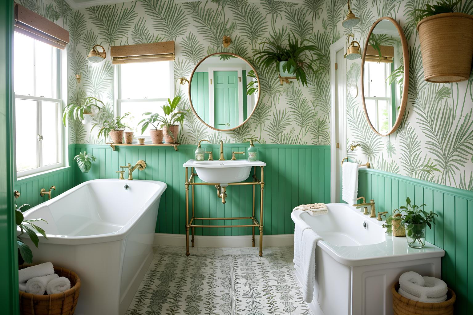 Bohemian-style bath room home interior With lush green nature and playful patterns and a lack of structure and metals and bold patterns and natural materials and carefree layers of pattern, texture, and color and playful textures. With mirror and bathroom sink with faucet and bathtub and waste basket and toilet seat and bath towel and plant and bathroom cabinet and bath rail and shower. Cinematic photo, highly detailed, cinematic lighting, ultra-detailed, ultrarealistic, photorealism, 8k. Bohemian interior design style