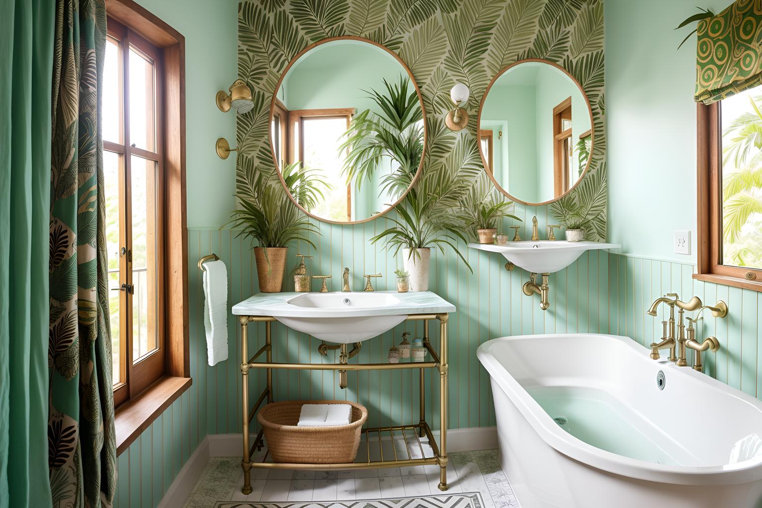 Bohemian-style bath room home interior With lush green nature and playful patterns and a lack of structure and metals and bold patterns and natural materials and carefree layers of pattern, texture, and color and playful textures. With mirror and bathroom sink with faucet and bathtub and waste basket and toilet seat and bath towel and plant and bathroom cabinet and bath rail and shower. Cinematic photo, highly detailed, cinematic lighting, ultra-detailed, ultrarealistic, photorealism, 8k. Bohemian interior design style
