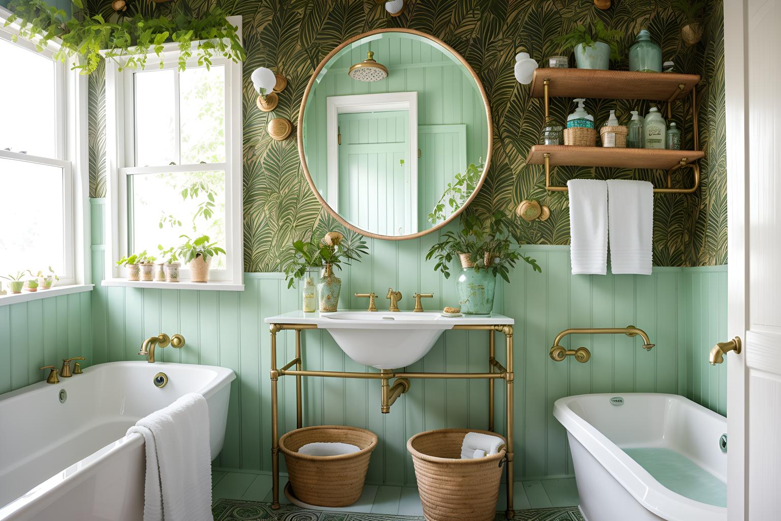Bohemian-style bath room home interior With lush green nature and playful patterns and a lack of structure and metals and bold patterns and natural materials and carefree layers of pattern, texture, and color and playful textures. With mirror and bathroom sink with faucet and bathtub and waste basket and toilet seat and bath towel and plant and bathroom cabinet and bath rail and shower. Cinematic photo, highly detailed, cinematic lighting, ultra-detailed, ultrarealistic, photorealism, 8k. Bohemian interior design style