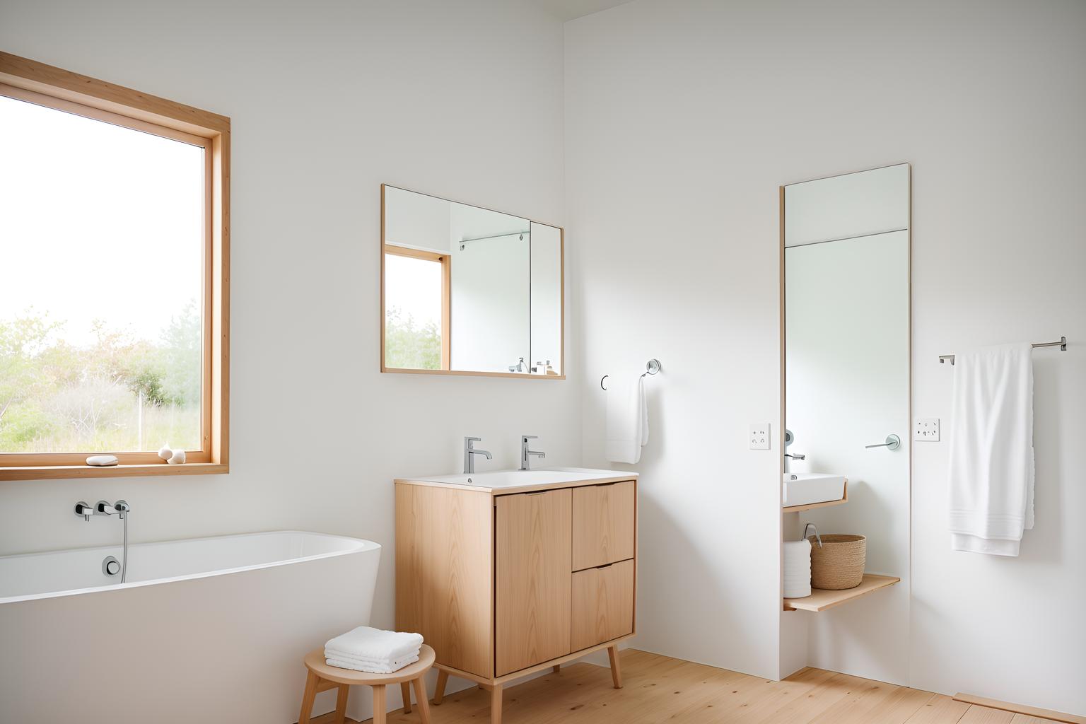 Airbnb-style bath room home interior With Simple, Clean Lines and Simplistic Furniture and Practicality and Functionality and Natural Materials and Elements and Scandinavian style and Simple Color Palette and Open and Natural Lighting and Neutral Walls and Textures and Simple, Clean Lines and Simplistic Furniture. With mirror and bathroom sink with faucet and bathtub and waste basket and toilet seat and bath towel and plant and bathroom cabinet and bath rail and shower. Cinematic photo, highly detailed, cinematic lighting, ultra-detailed, ultrarealistic, photorealism, 8k. Airbnb interior design style