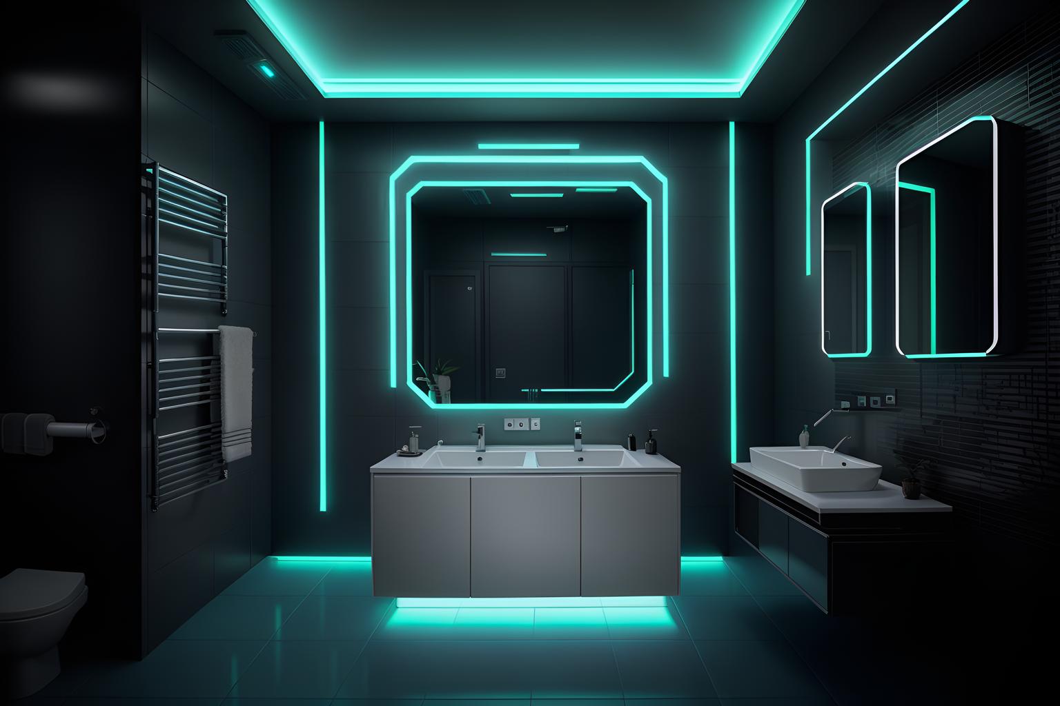 Cyberpunk-style bath room home interior With synthwave and led lights and surrealist paintings and military uniforms and gear and color lights glow and clean straight square lines and bladerunner lights and futuristic cybernetic city. With mirror and bathroom sink with faucet and bathtub and waste basket and toilet seat and bath towel and plant and bathroom cabinet and bath rail and shower. Cinematic photo, highly detailed, cinematic lighting, ultra-detailed, ultrarealistic, photorealism, 8k. Cyberpunk interior design style