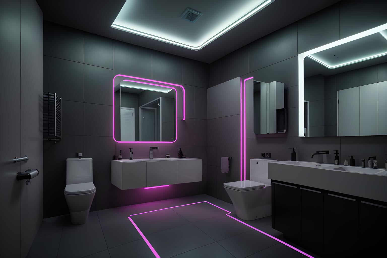 Cyberpunk-style bath room home interior With synthwave and led lights and surrealist paintings and military uniforms and gear and color lights glow and clean straight square lines and bladerunner lights and futuristic cybernetic city. With mirror and bathroom sink with faucet and bathtub and waste basket and toilet seat and bath towel and plant and bathroom cabinet and bath rail and shower. Cinematic photo, highly detailed, cinematic lighting, ultra-detailed, ultrarealistic, photorealism, 8k. Cyberpunk interior design style