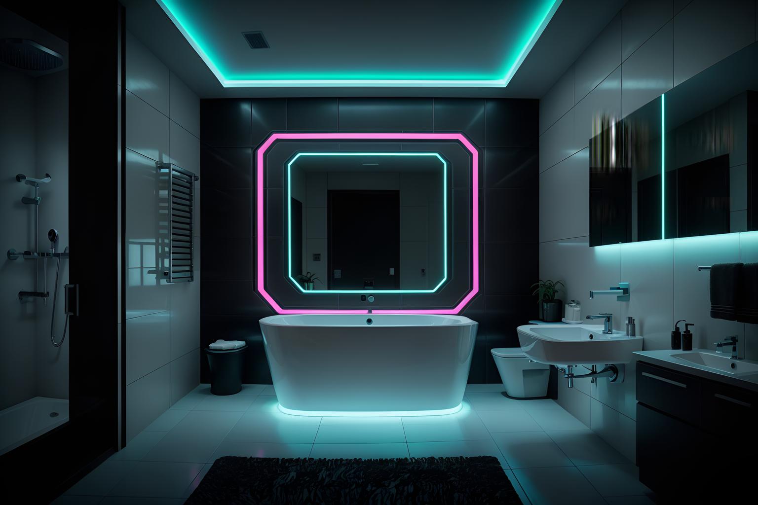 Cyberpunk-style bath room home interior With synthwave and led lights and surrealist paintings and military uniforms and gear and color lights glow and clean straight square lines and bladerunner lights and futuristic cybernetic city. With mirror and bathroom sink with faucet and bathtub and waste basket and toilet seat and bath towel and plant and bathroom cabinet and bath rail and shower. Cinematic photo, highly detailed, cinematic lighting, ultra-detailed, ultrarealistic, photorealism, 8k. Cyberpunk interior design style