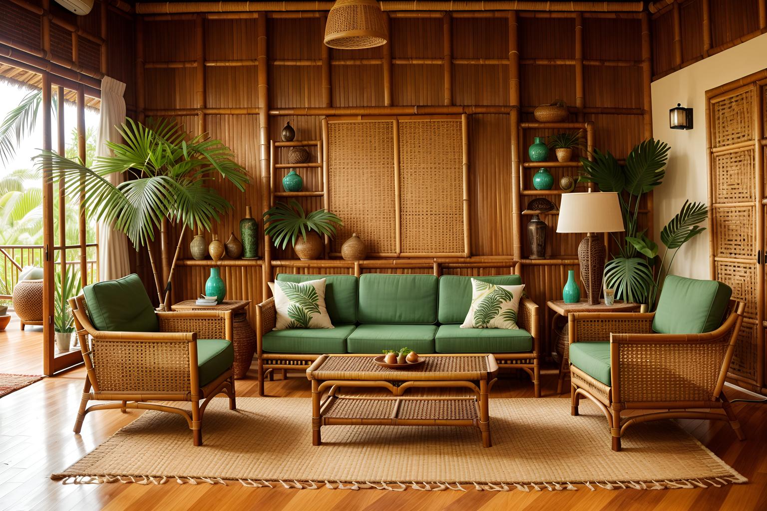 Tropical-style living room home interior With teak and cane motifs and palm leaves and bamboo and wicker and palm trees and rattan and lattice prints. With sofa and chairs and occasional tables and coffee tables and bookshelves and televisions and electric lamps and rug and plant and furniture. Cinematic photo, highly detailed, cinematic lighting, ultra-detailed, ultrarealistic, photorealism, 8k. Tropical interior design style