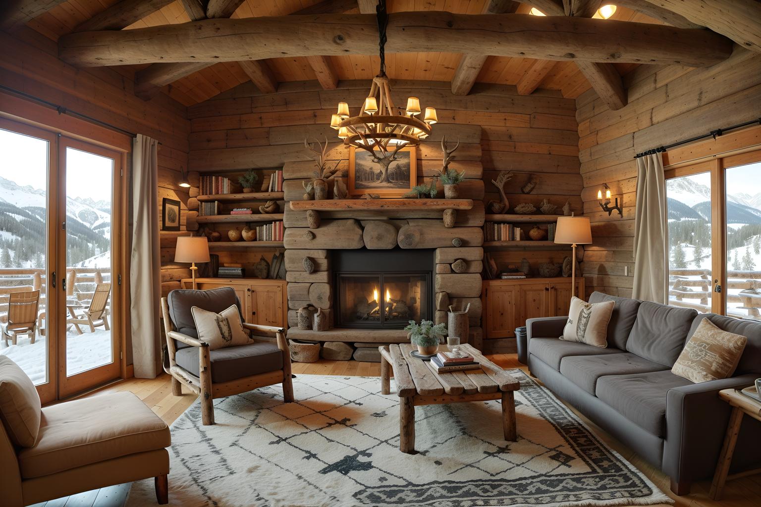 Ski chalet-style living room home interior With hanging wall elk antler and exposed construction beams and stone fireplace and animal rugs and wooden logs and rustic and layered textiles and animal motifs. With sofa and chairs and occasional tables and coffee tables and bookshelves and televisions and electric lamps and rug and plant and furniture. Cinematic photo, highly detailed, cinematic lighting, ultra-detailed, ultrarealistic, photorealism, 8k. Ski chalet interior design style