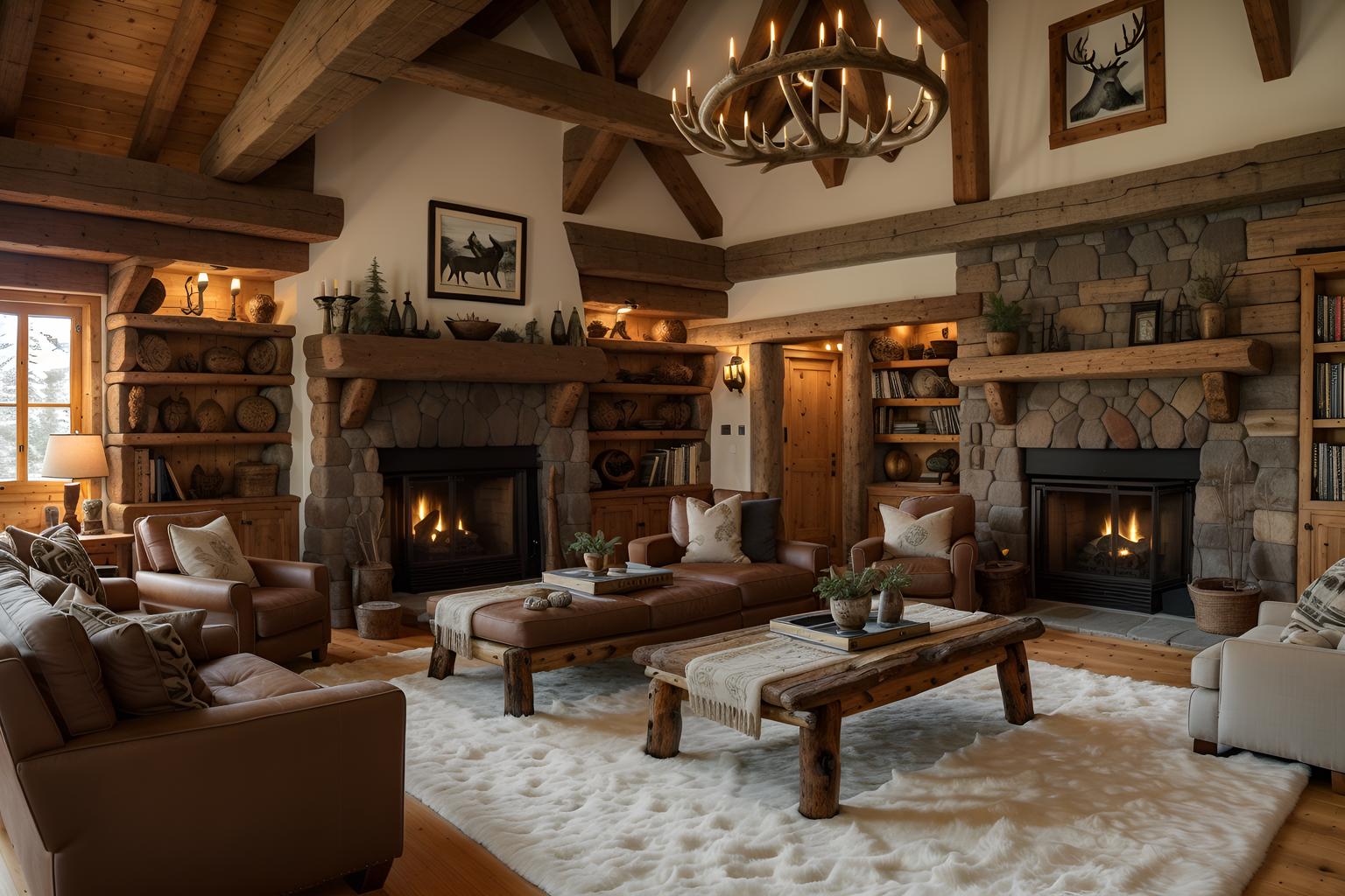 Ski chalet-style living room home interior With hanging wall elk antler and exposed construction beams and stone fireplace and animal rugs and wooden logs and rustic and layered textiles and animal motifs. With sofa and chairs and occasional tables and coffee tables and bookshelves and televisions and electric lamps and rug and plant and furniture. Cinematic photo, highly detailed, cinematic lighting, ultra-detailed, ultrarealistic, photorealism, 8k. Ski chalet interior design style