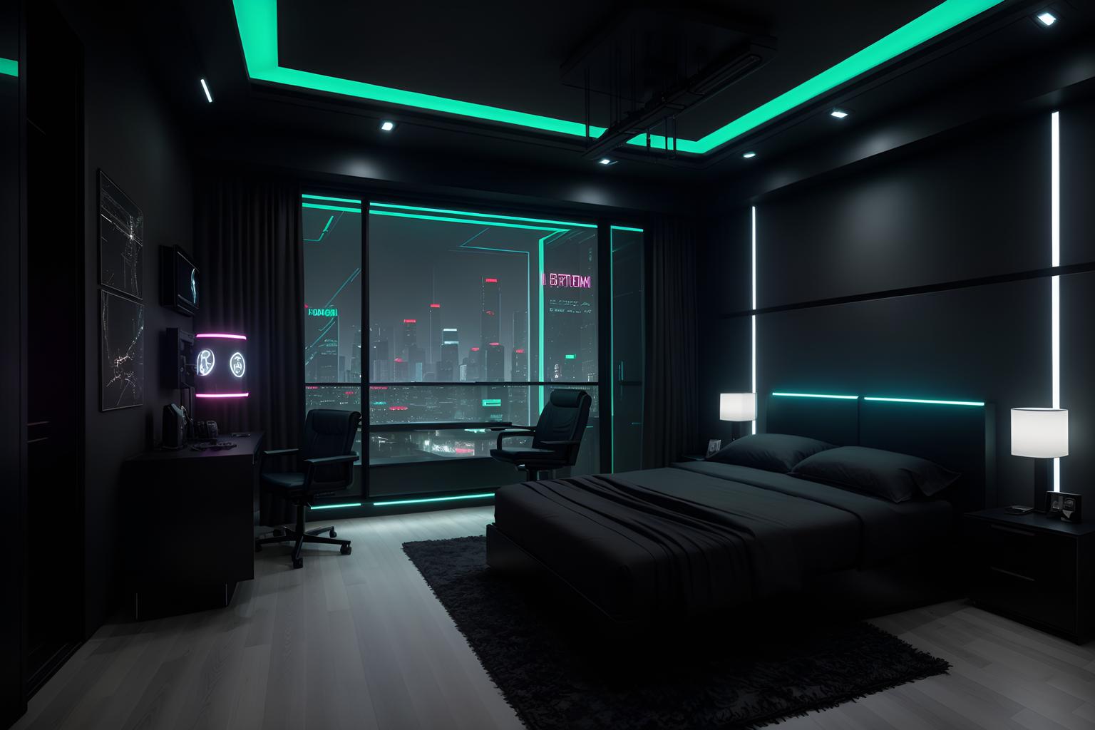 Cyberpunk-style bedroom home interior With military uniforms and gear and dark night and led lights and futuristic cybernetic city and synthetic objects and clean straight square lines and strong geometric walls and synthwave. With bed and headboard and bedside table or night stand and dresser closet and plant and storage bench or ottoman and accent chair and night light and mirror. Cinematic photo, highly detailed, cinematic lighting, ultra-detailed, ultrarealistic, photorealism, 8k. Cyberpunk interior design style
