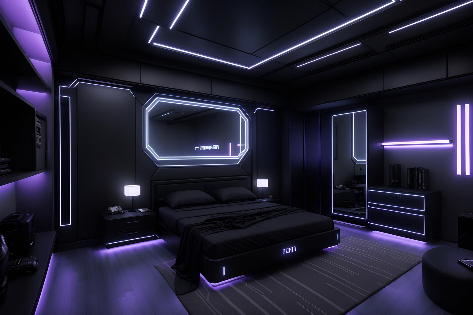 Cyberpunk-style bedroom home interior With military uniforms and gear and dark night and led lights and futuristic cybernetic city and synthetic objects and clean straight square lines and strong geometric walls and synthwave. With bed and headboard and bedside table or night stand and dresser closet and plant and storage bench or ottoman and accent chair and night light and mirror. Cinematic photo, highly detailed, cinematic lighting, ultra-detailed, ultrarealistic, photorealism, 8k. Cyberpunk interior design style